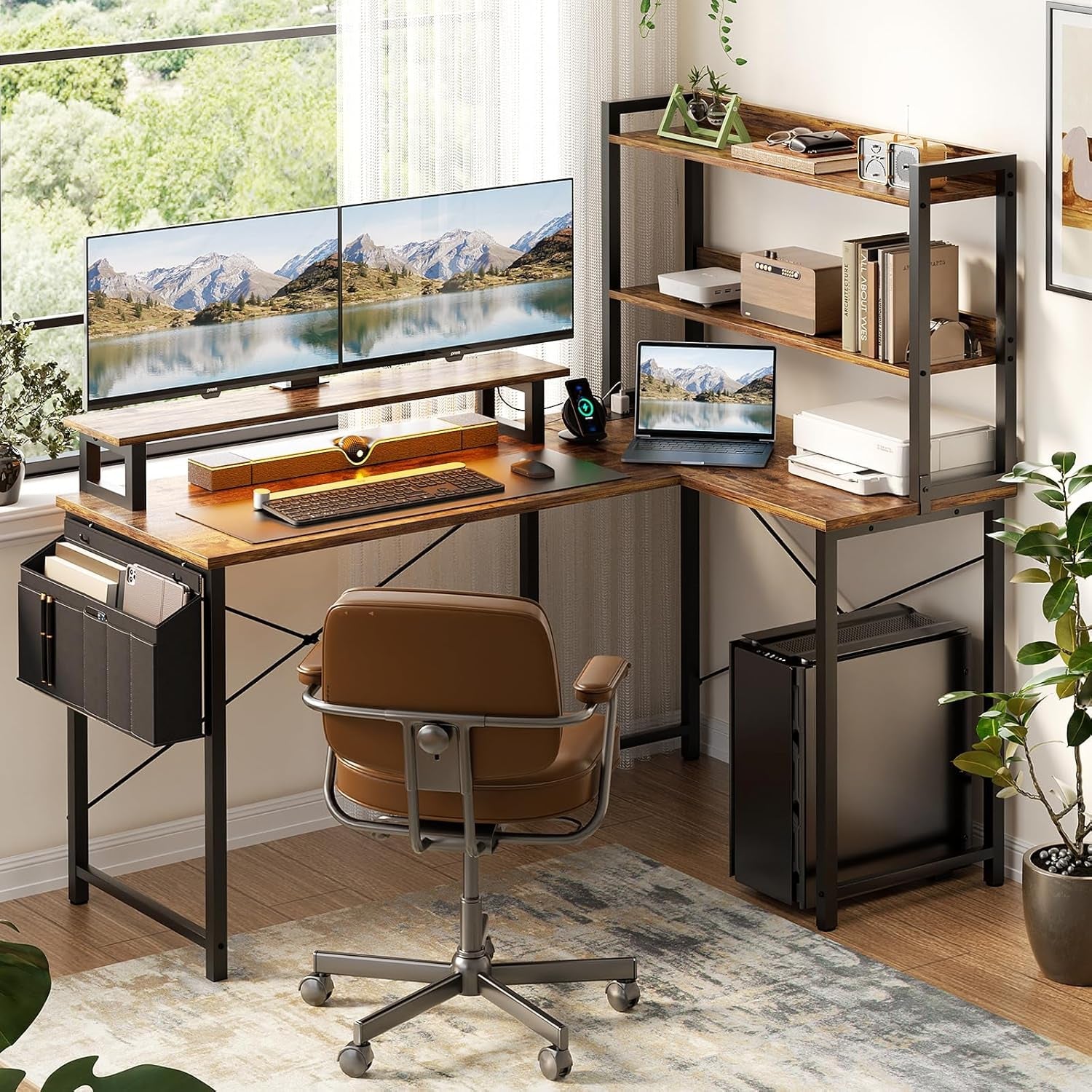 L Shaped Corner Desk with Bookshelf and Charging Station