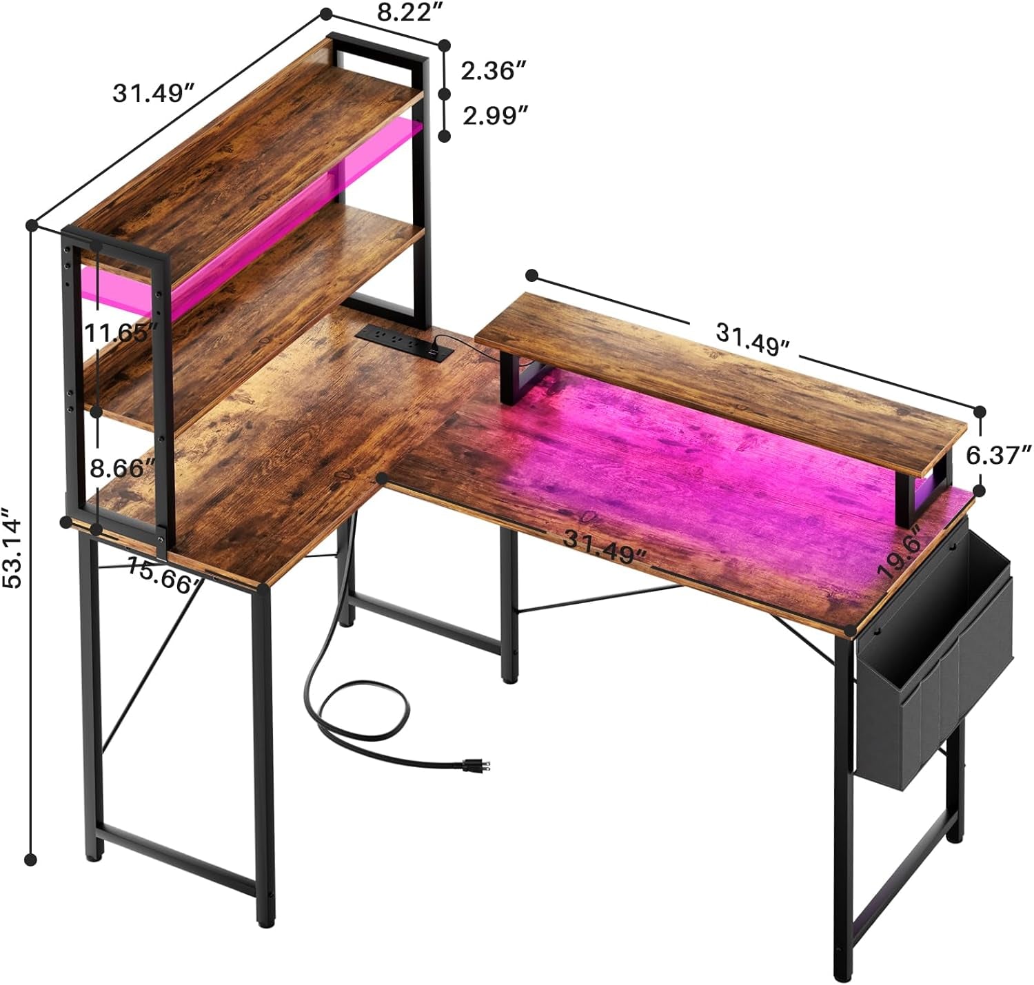 L Shaped Corner Desk with Bookshelf and Charging Station