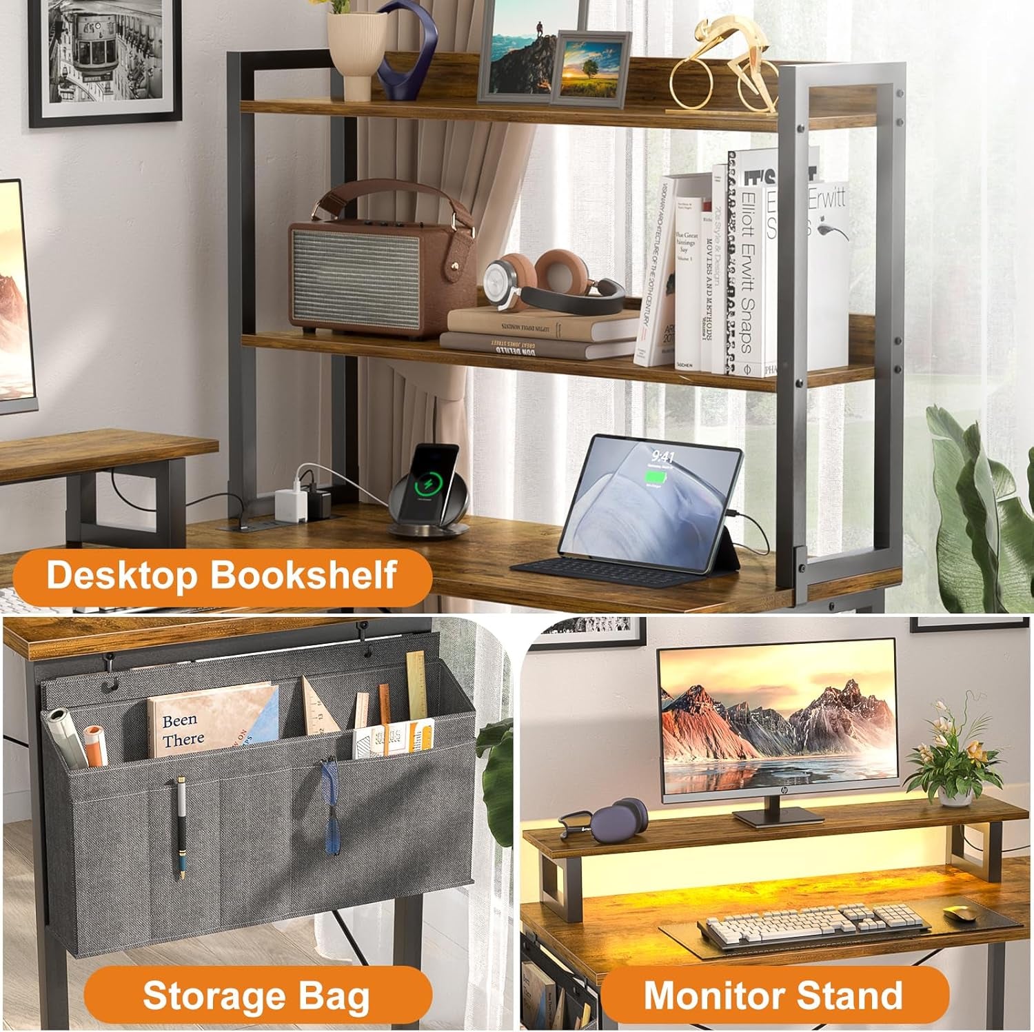 L Shaped Corner Desk with Bookshelf and Charging Station