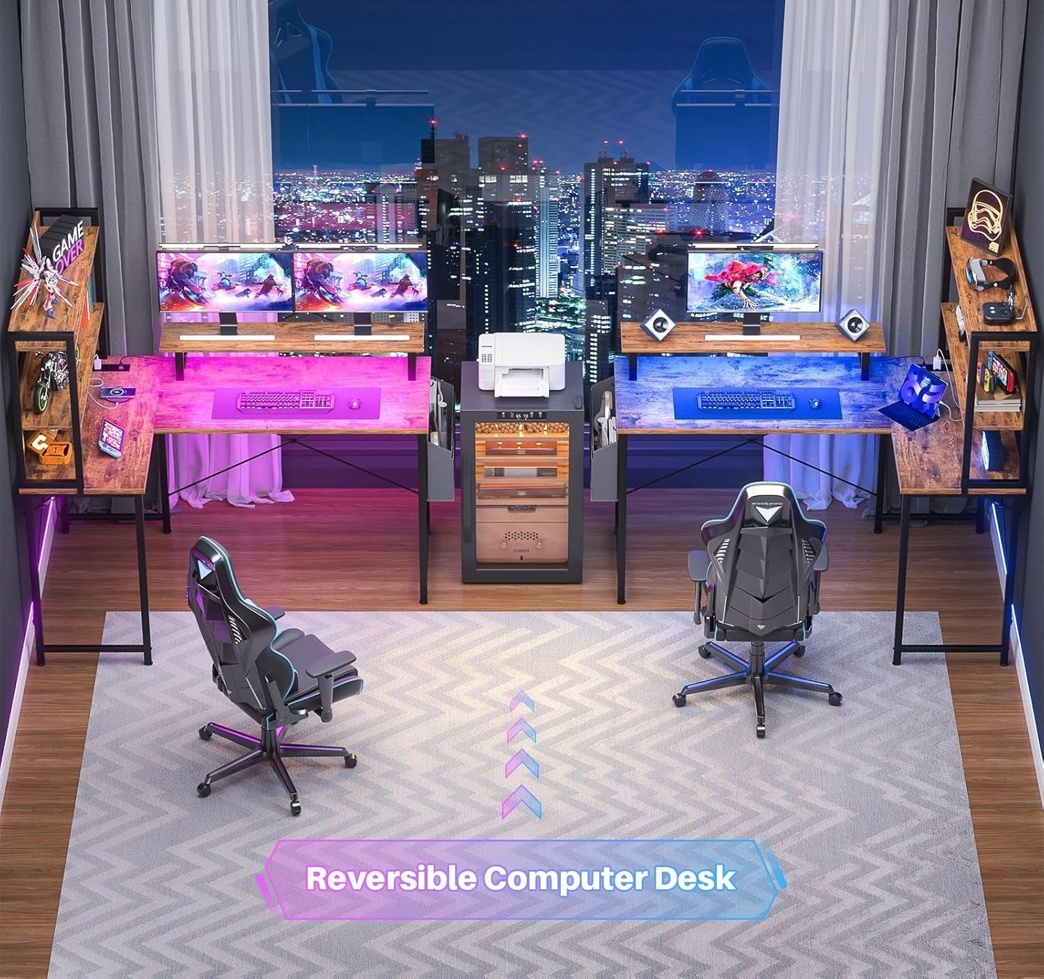 L Shaped Corner Desk with Bookshelf and Charging Station