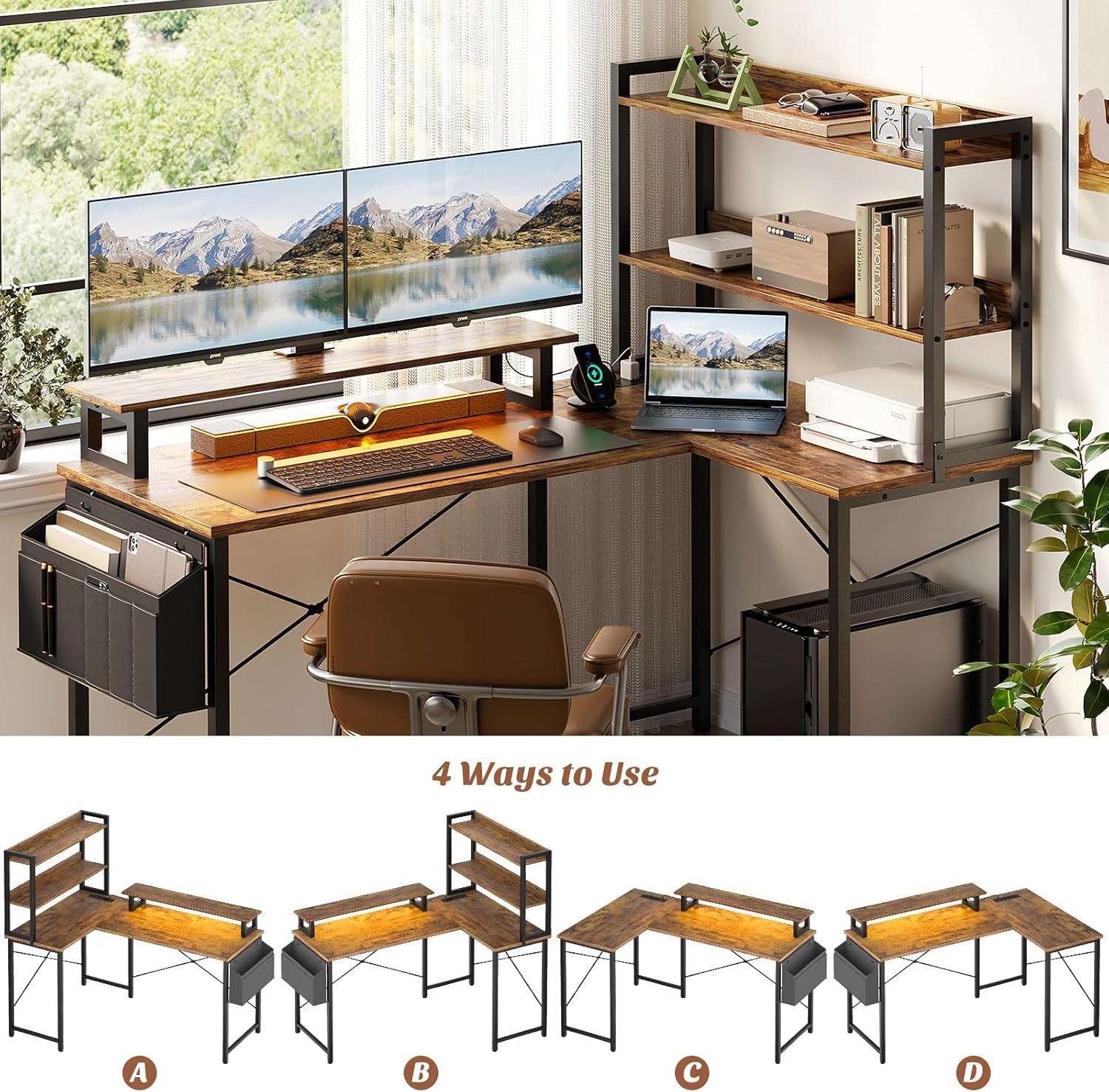 L Shaped Corner Desk with Bookshelf and Charging Station