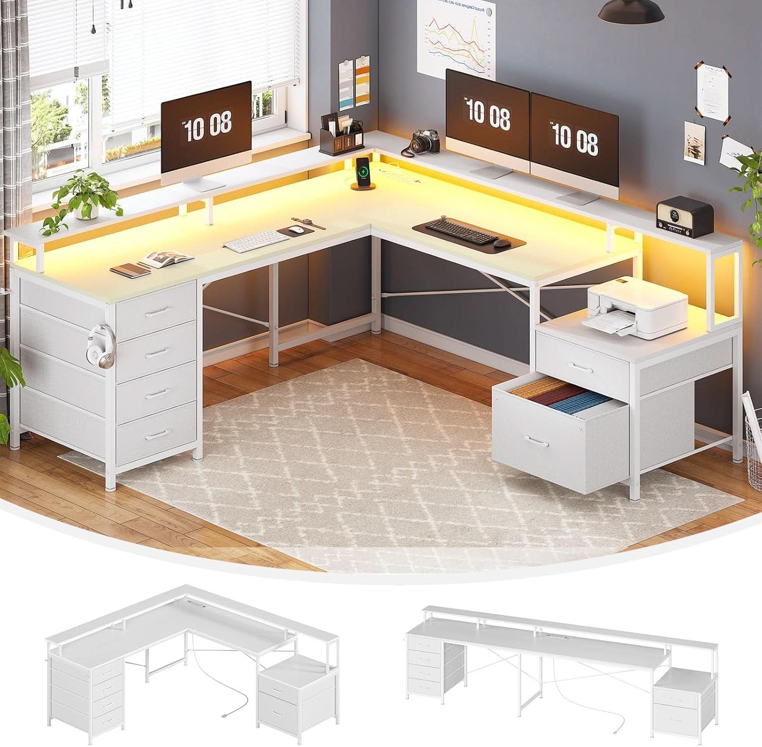 L Shaped Desk 108 Inch White Two Person Corner Computer Desk