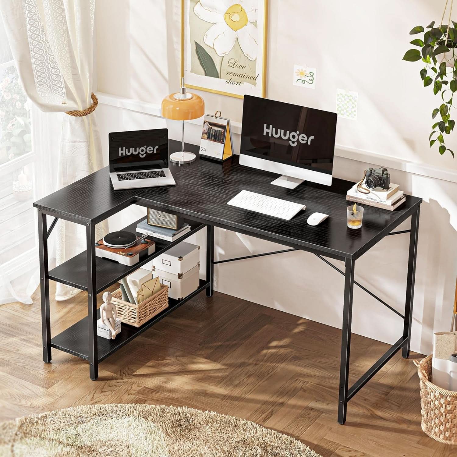 L Shaped Desk 47 Inch Computer With Reversible Shelves Black