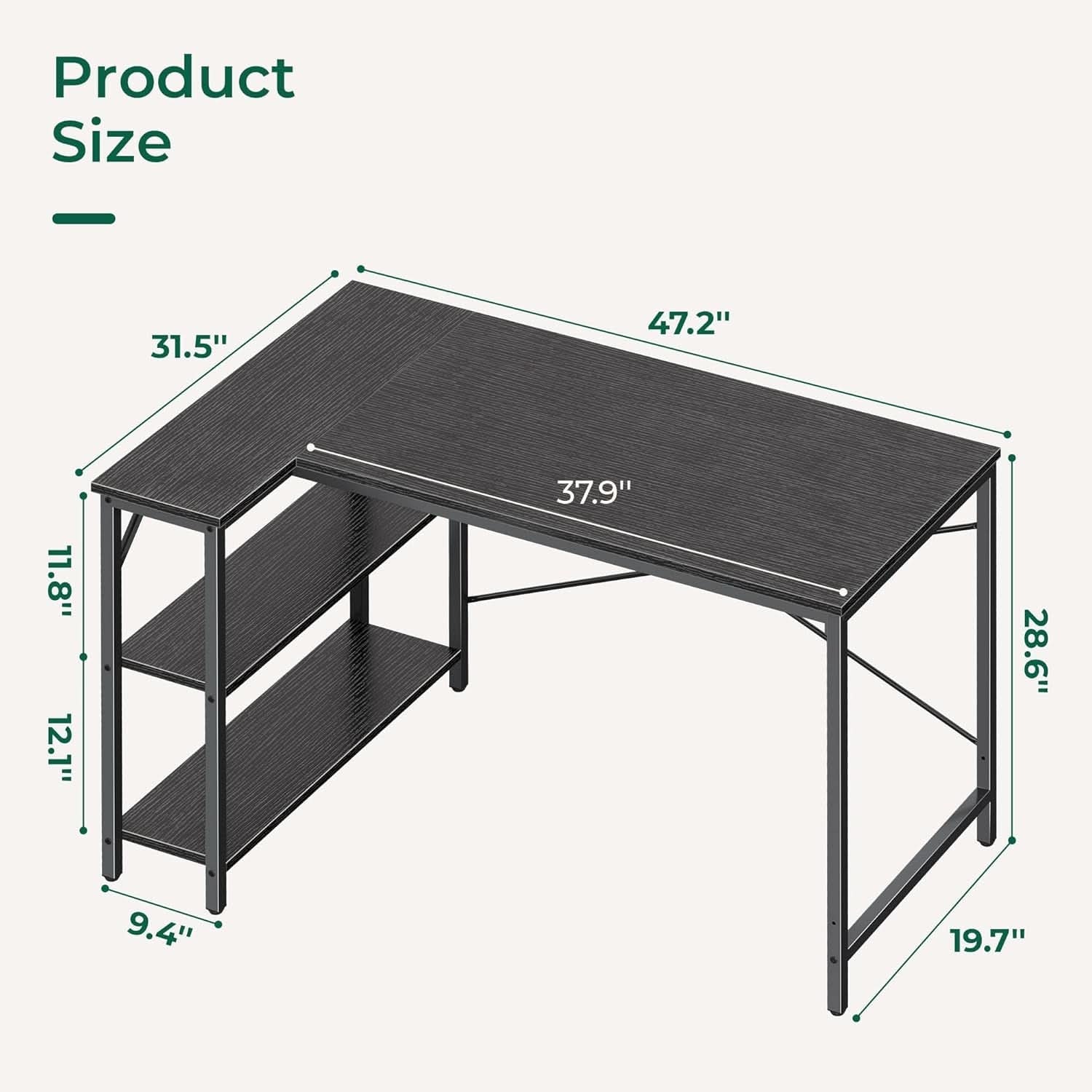 L Shaped Desk 47 Inch Computer With Reversible Shelves Black