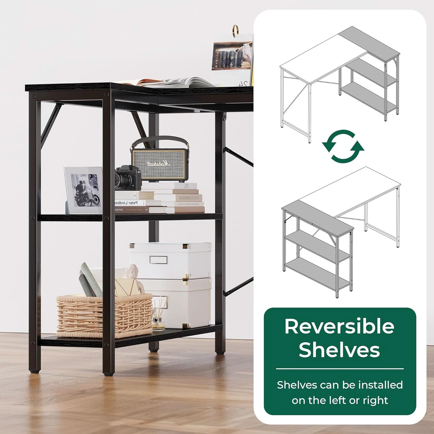 L Shaped Desk 47 Inch Computer With Reversible Shelves Black