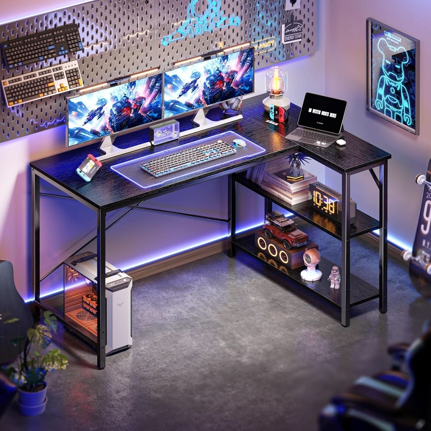 L Shaped Desk 47 Inch Computer With Reversible Shelves Black
