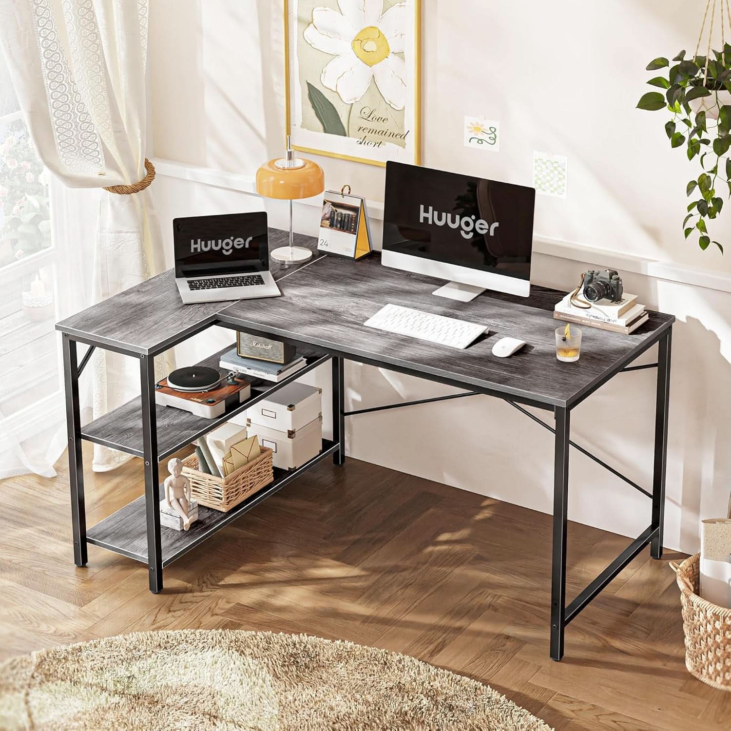 L Shaped Desk 47 Inch Gray With Reversible Shelves Metal Frame