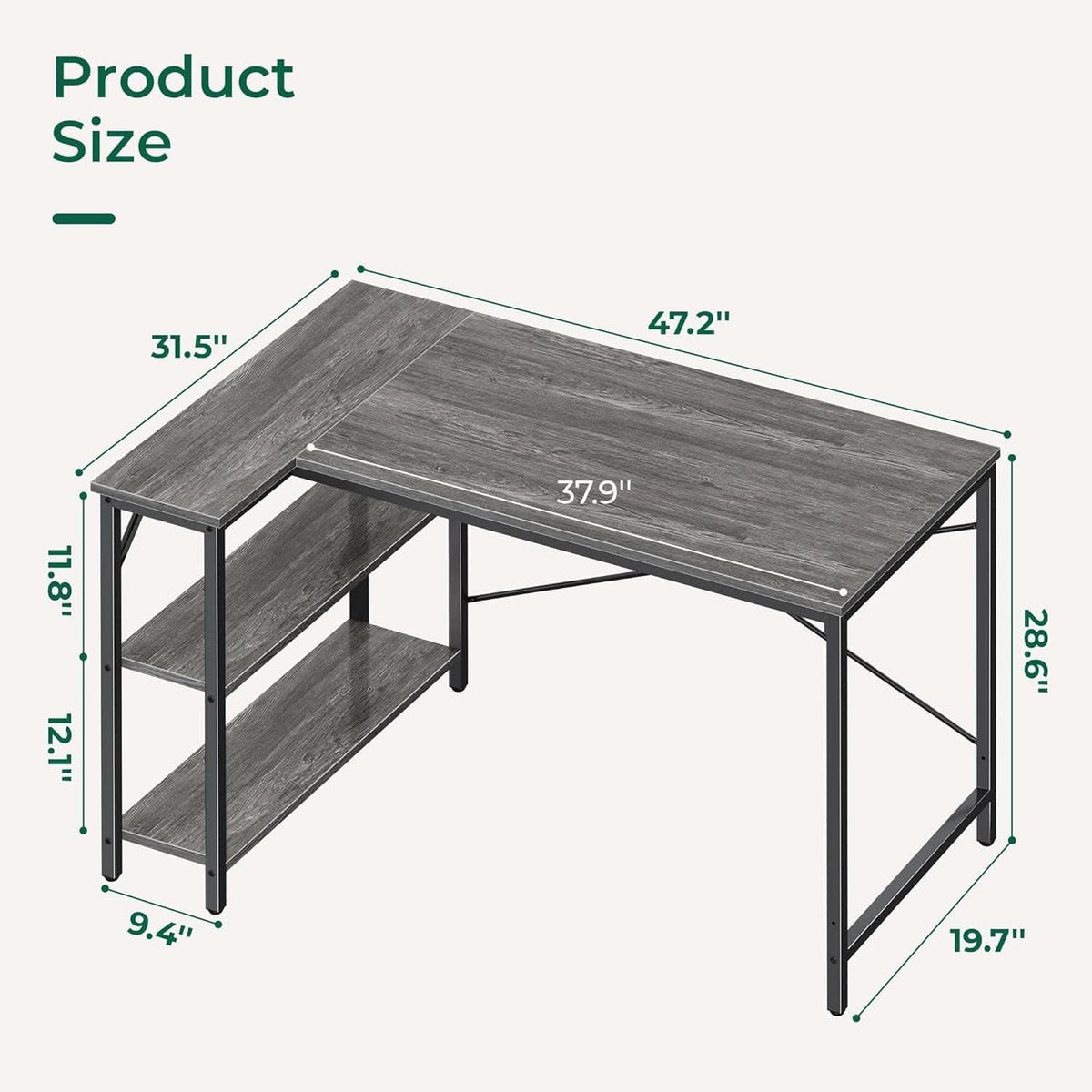 L Shaped Desk 47 Inch Gray With Reversible Shelves Metal Frame