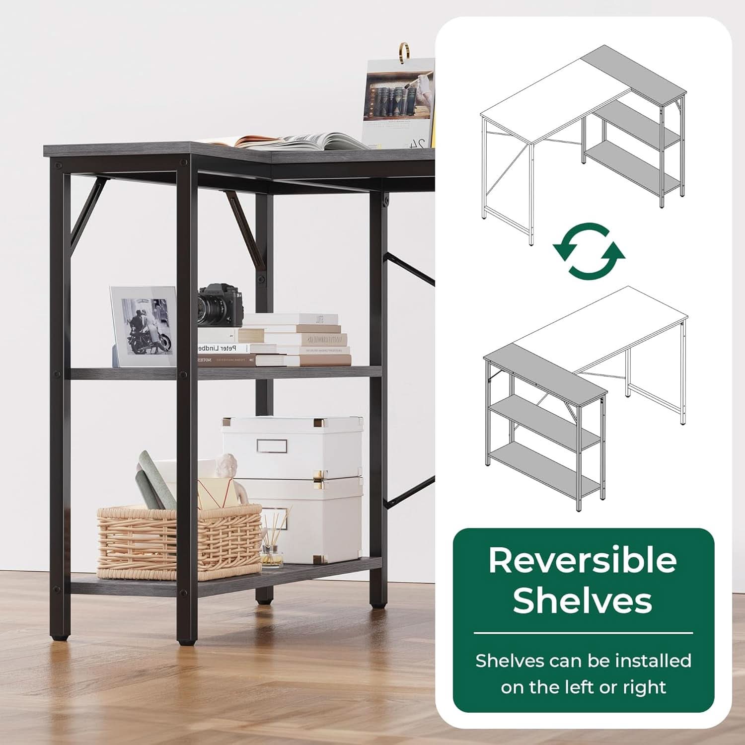 L Shaped Desk 47 Inch Gray With Reversible Shelves Metal Frame