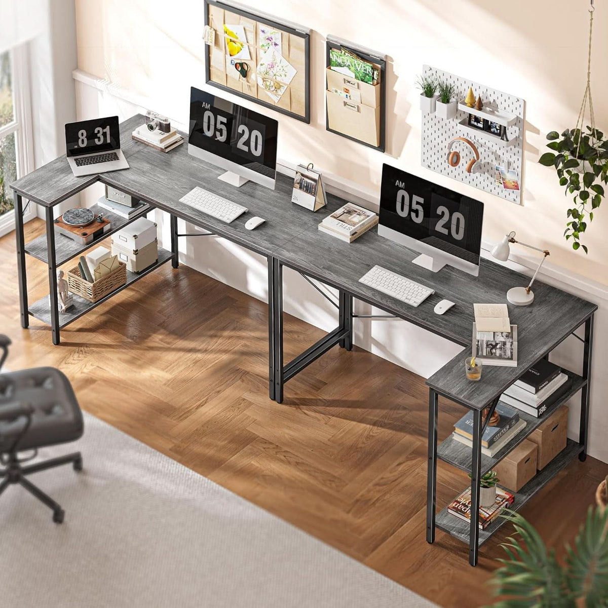 L Shaped Desk 47 Inch Gray With Reversible Shelves Metal Frame