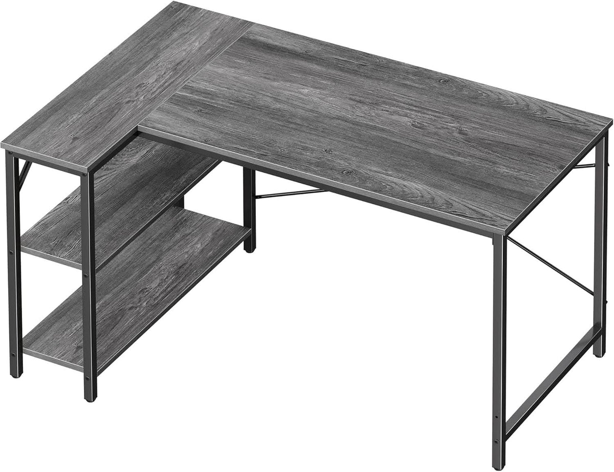 L Shaped Desk 47 Inch Gray With Reversible Shelves Metal Frame