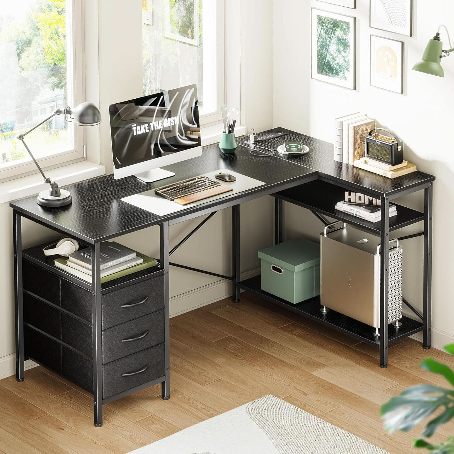 L Shaped Desk 47 Inch With Power Outlets And Ample Storage