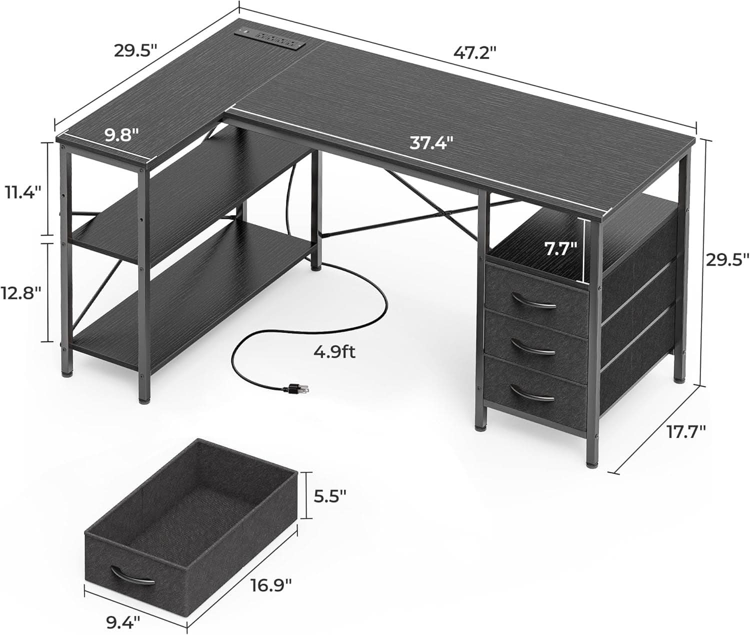L Shaped Desk 47 Inch With Power Outlets And Ample Storage