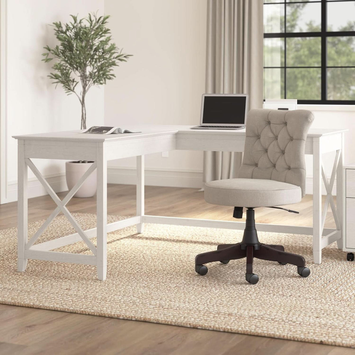 L-Shaped Desk 60W Linen White Oak Modern Farmhouse