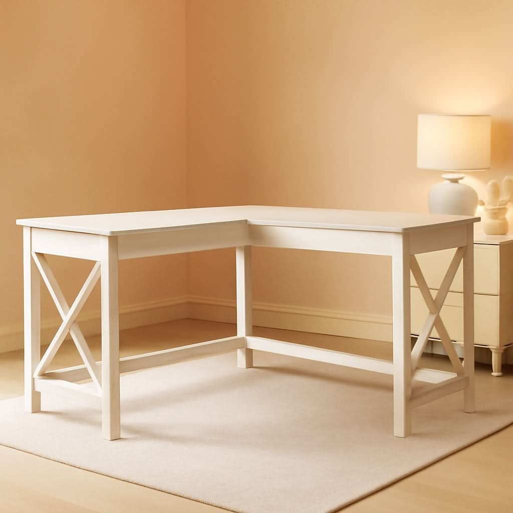 L-Shaped Desk 60W Linen White Oak Modern Farmhouse
