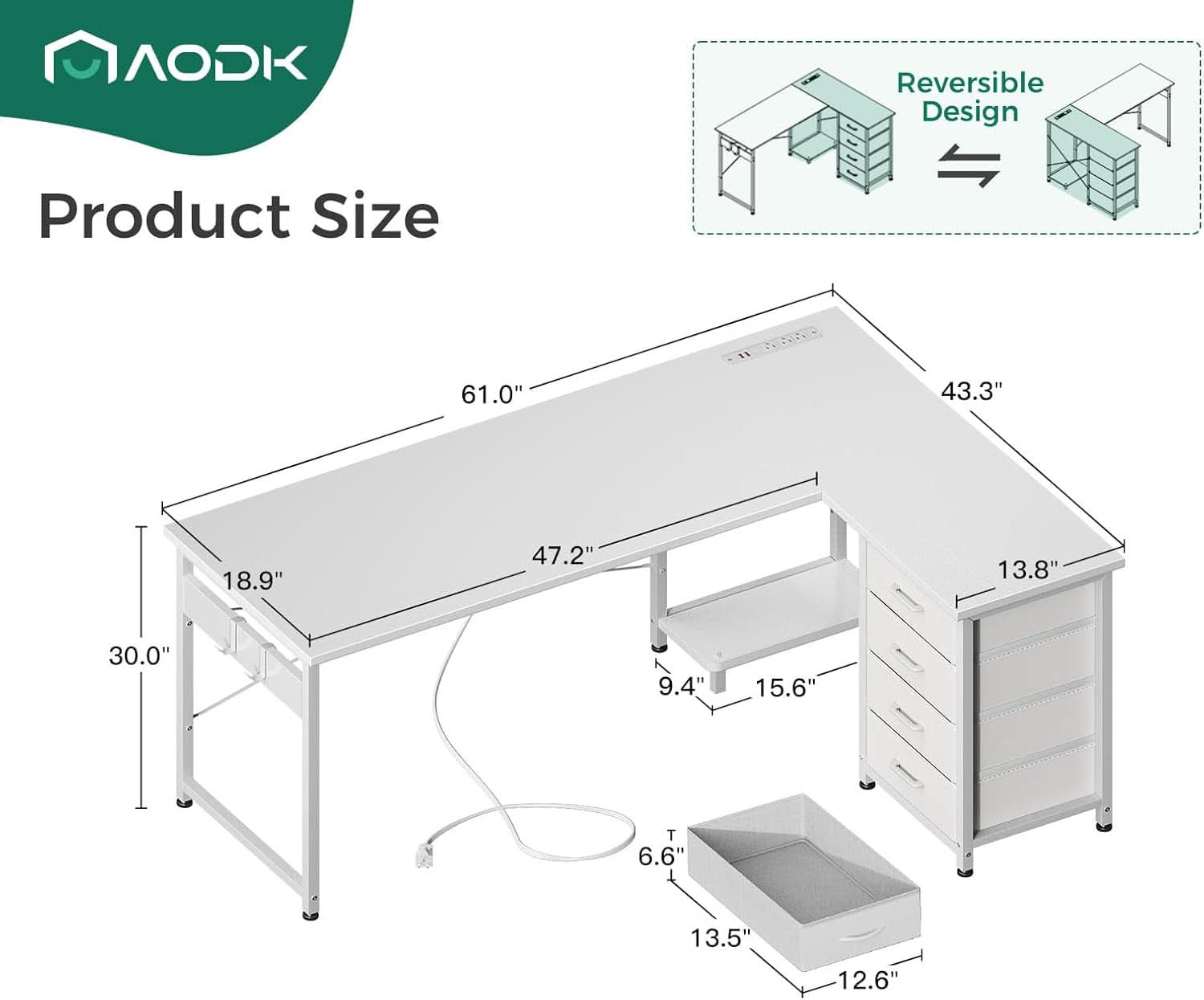 L Shaped Desk 61 Inch With USB Ports For Home Office