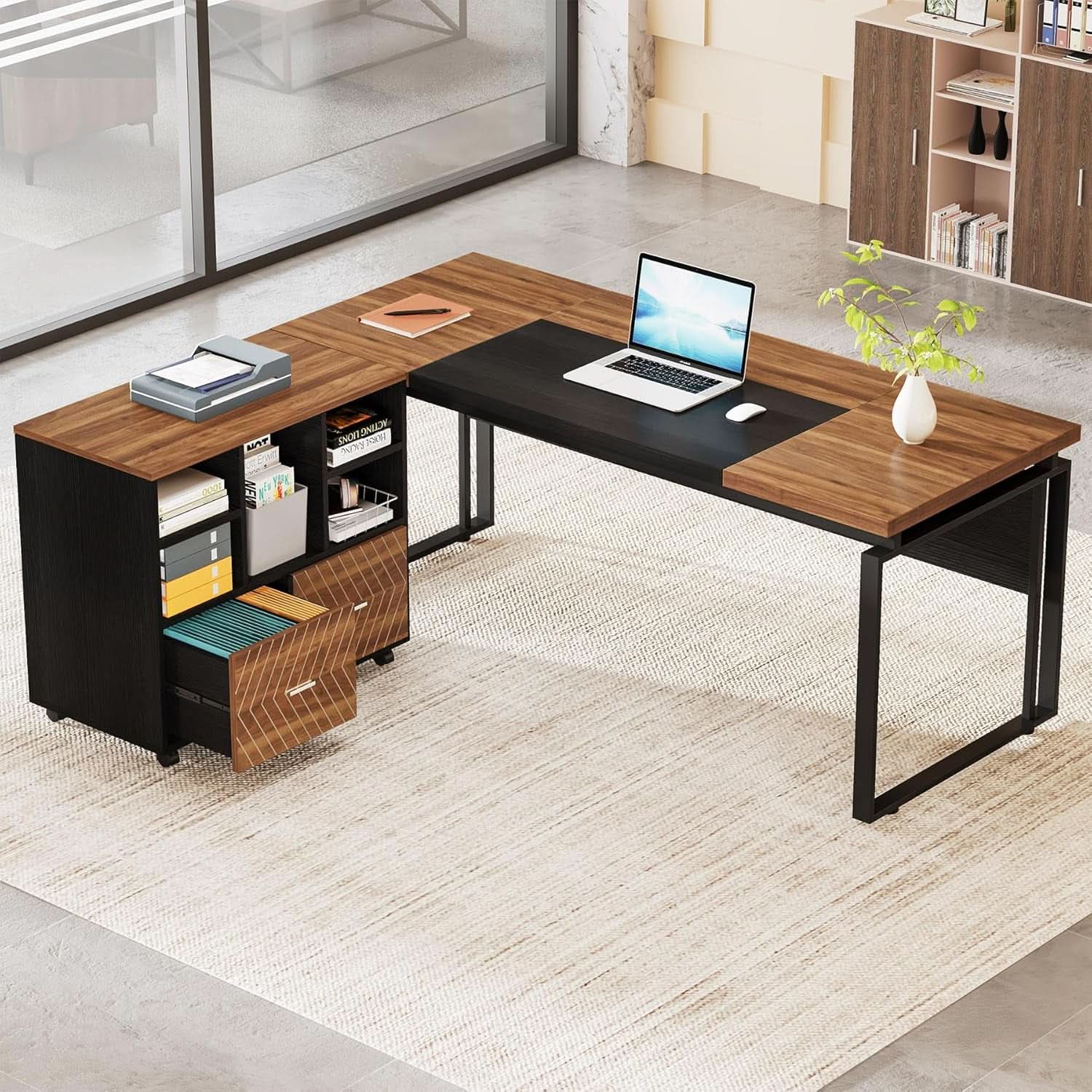 L-Shaped Desk 63-Inch Walnut With Reversible File Cabinet