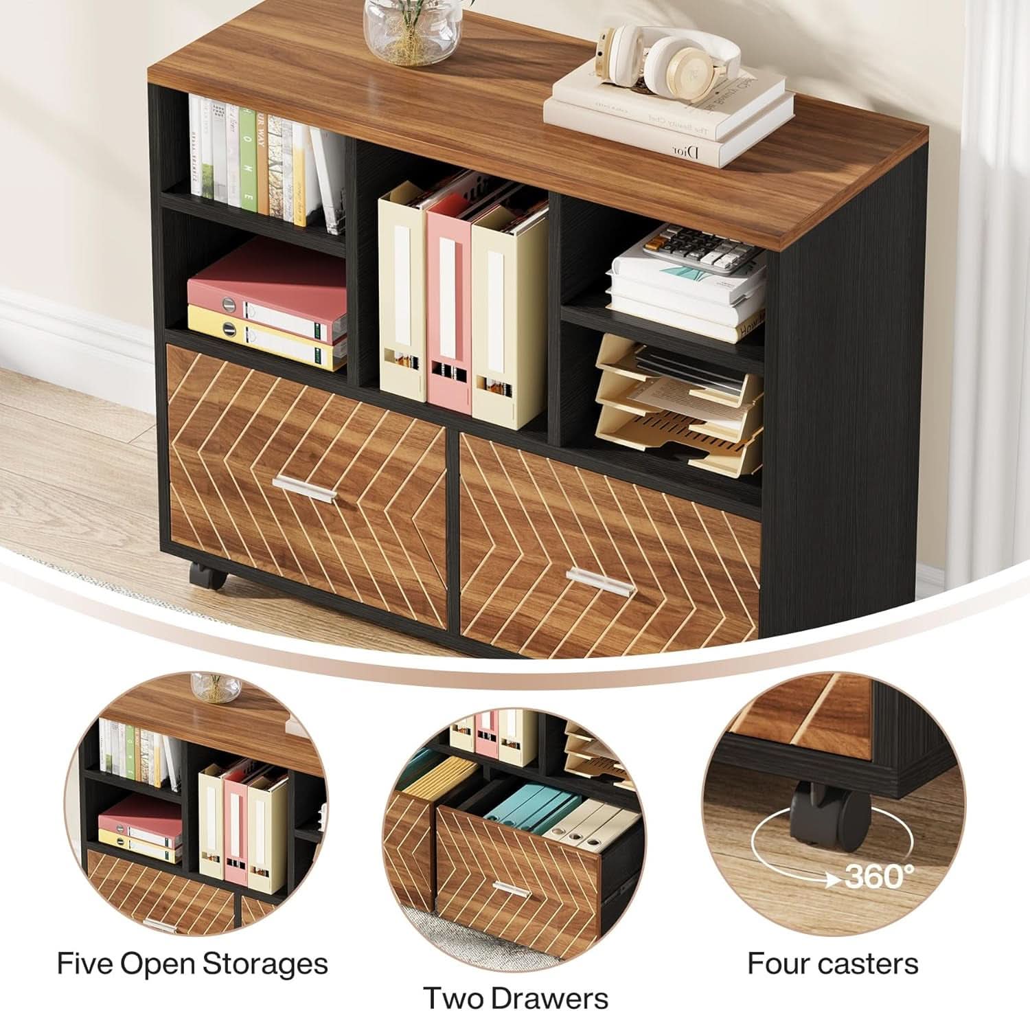 L-Shaped Desk 63-Inch Walnut With Reversible File Cabinet