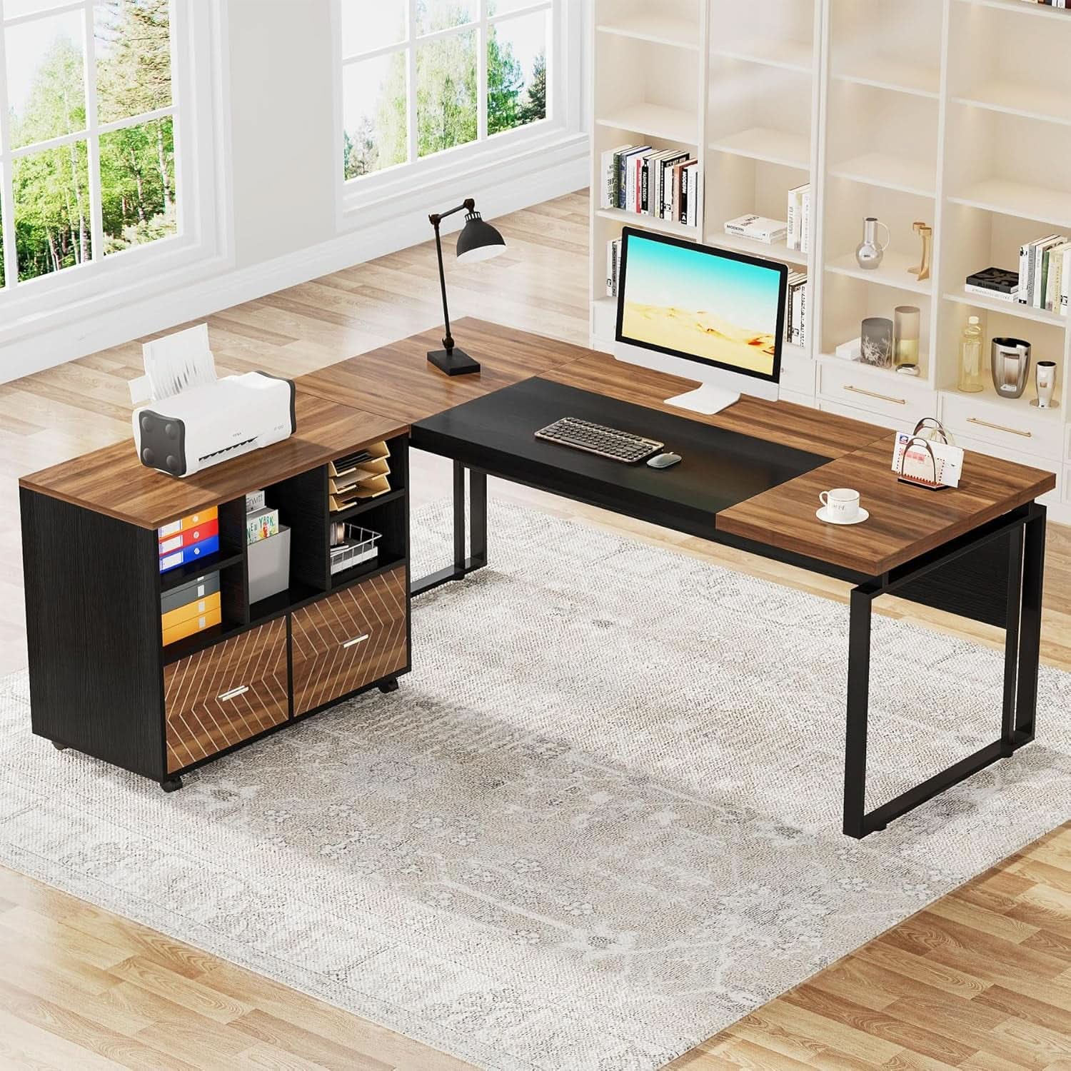 L-Shaped Desk 63-Inch Walnut With Reversible File Cabinet