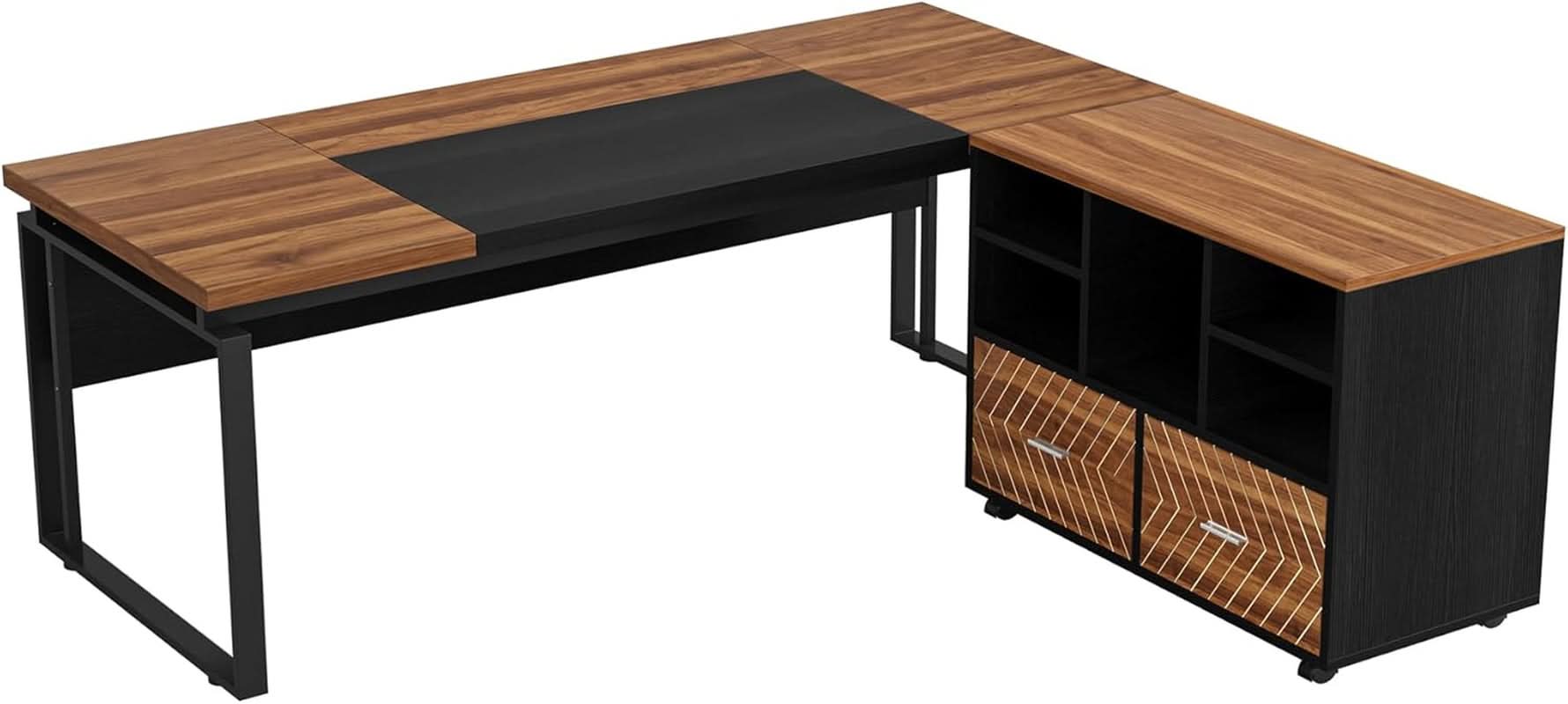 L-Shaped Desk 63-Inch Walnut With Reversible File Cabinet