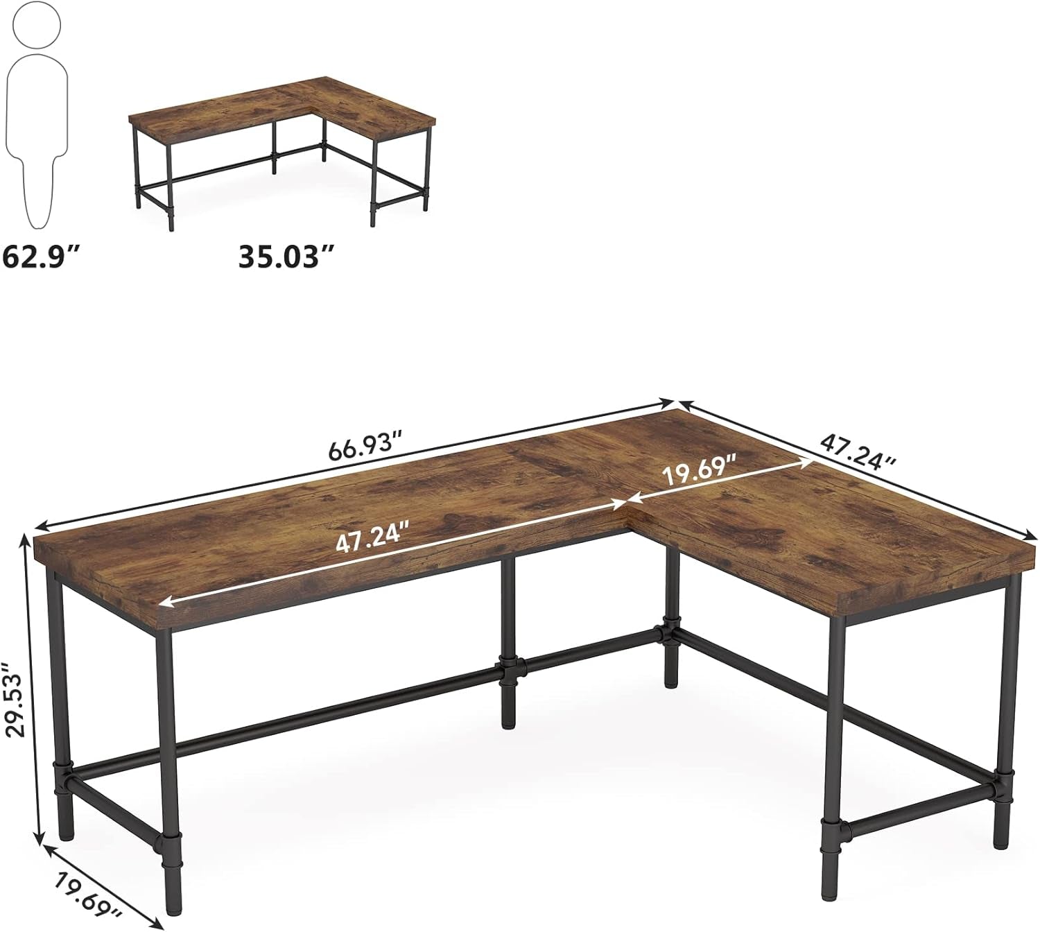L Shaped Desk 67 Inch Reversible Corner Rustic Brown