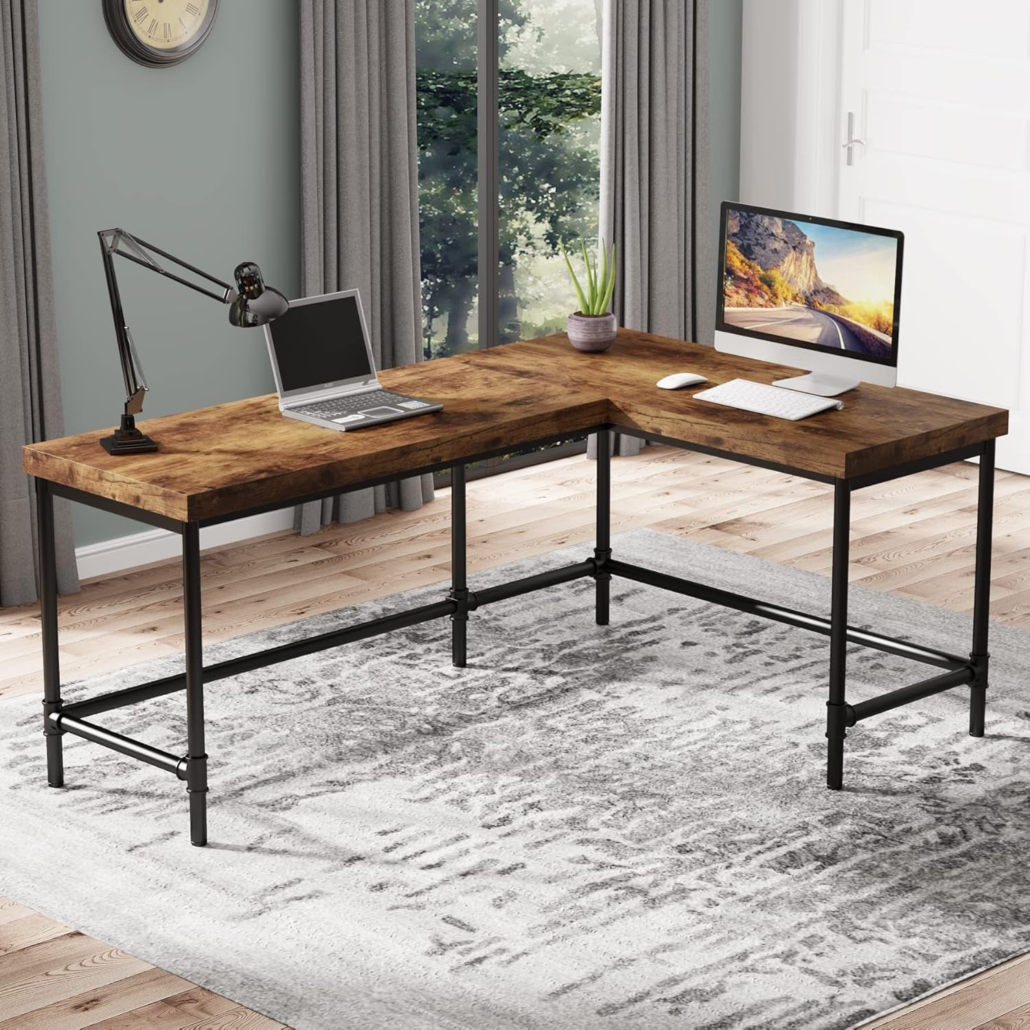 L Shaped Desk 67 Inch Reversible Corner Rustic Brown