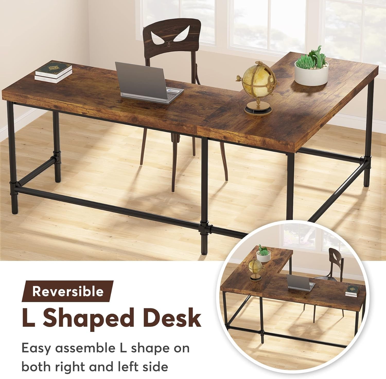 L Shaped Desk 67 Inch Reversible Corner Rustic Brown