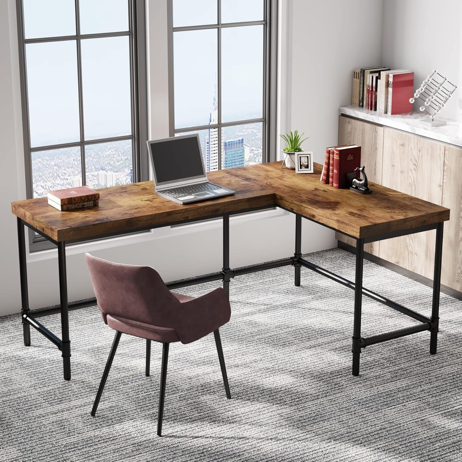 L Shaped Desk 67 Inch Reversible Corner Rustic Brown