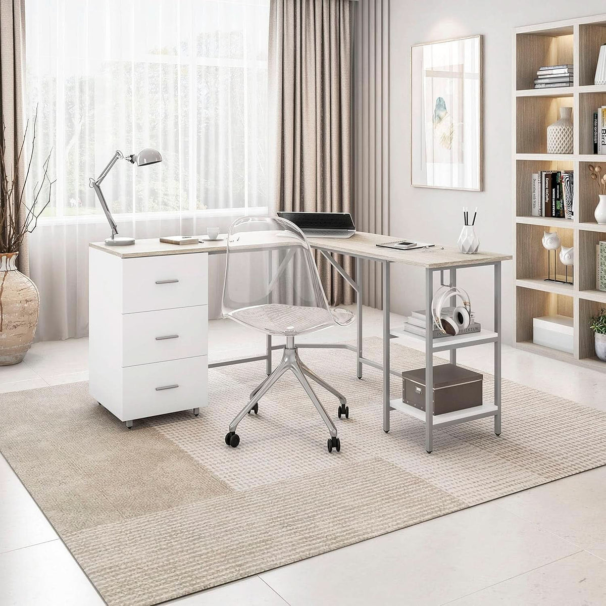 L Shaped Desk Two Toned With Drawers And Open Shelf Home Office