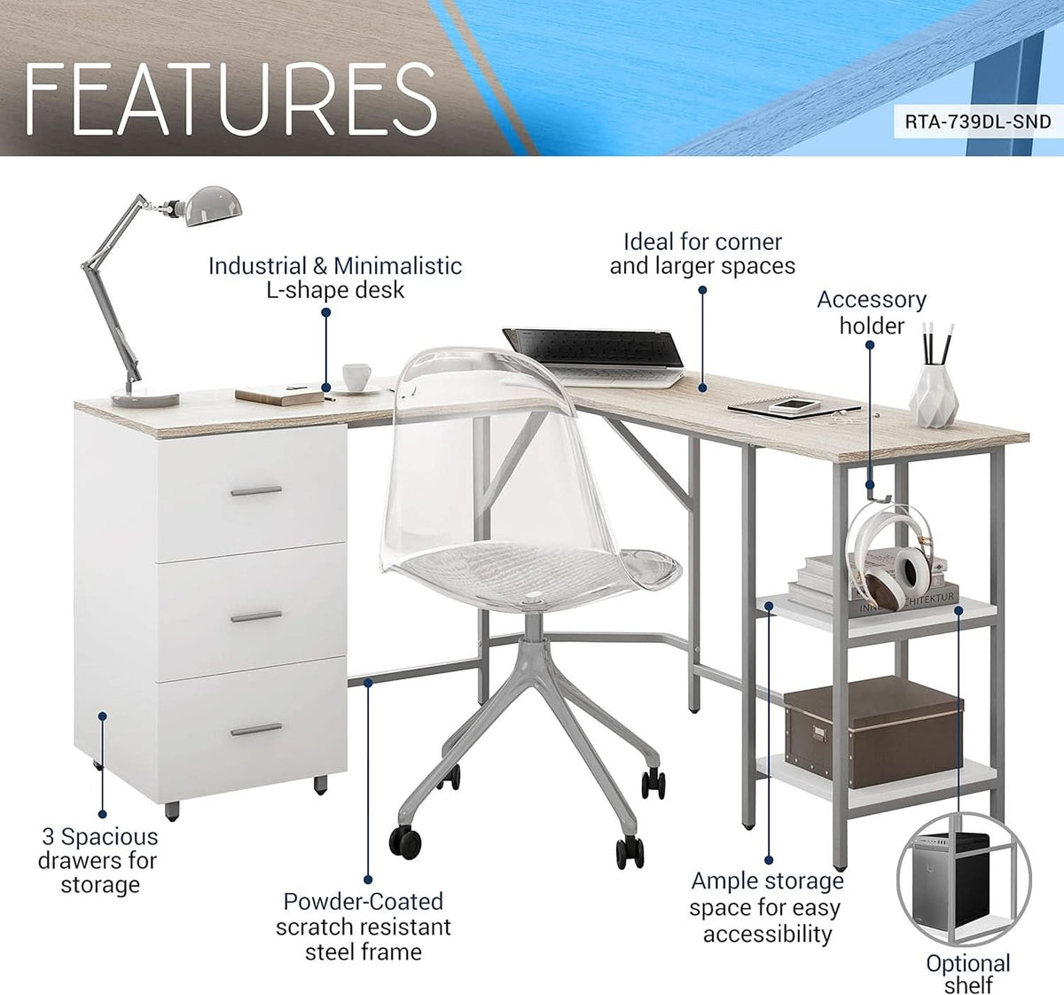 L Shaped Desk Two Toned With Drawers And Open Shelf Home Office