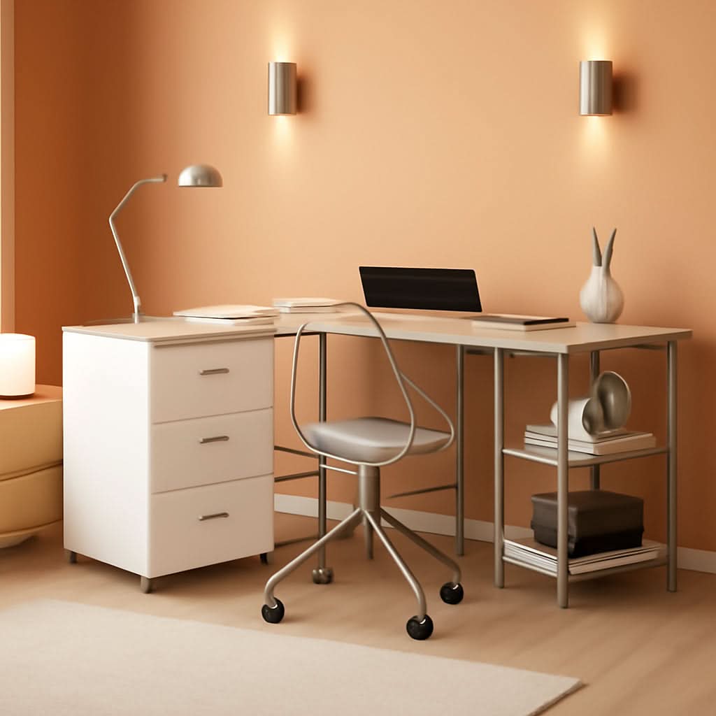 L Shaped Desk Two Toned With Drawers And Open Shelf Home Office