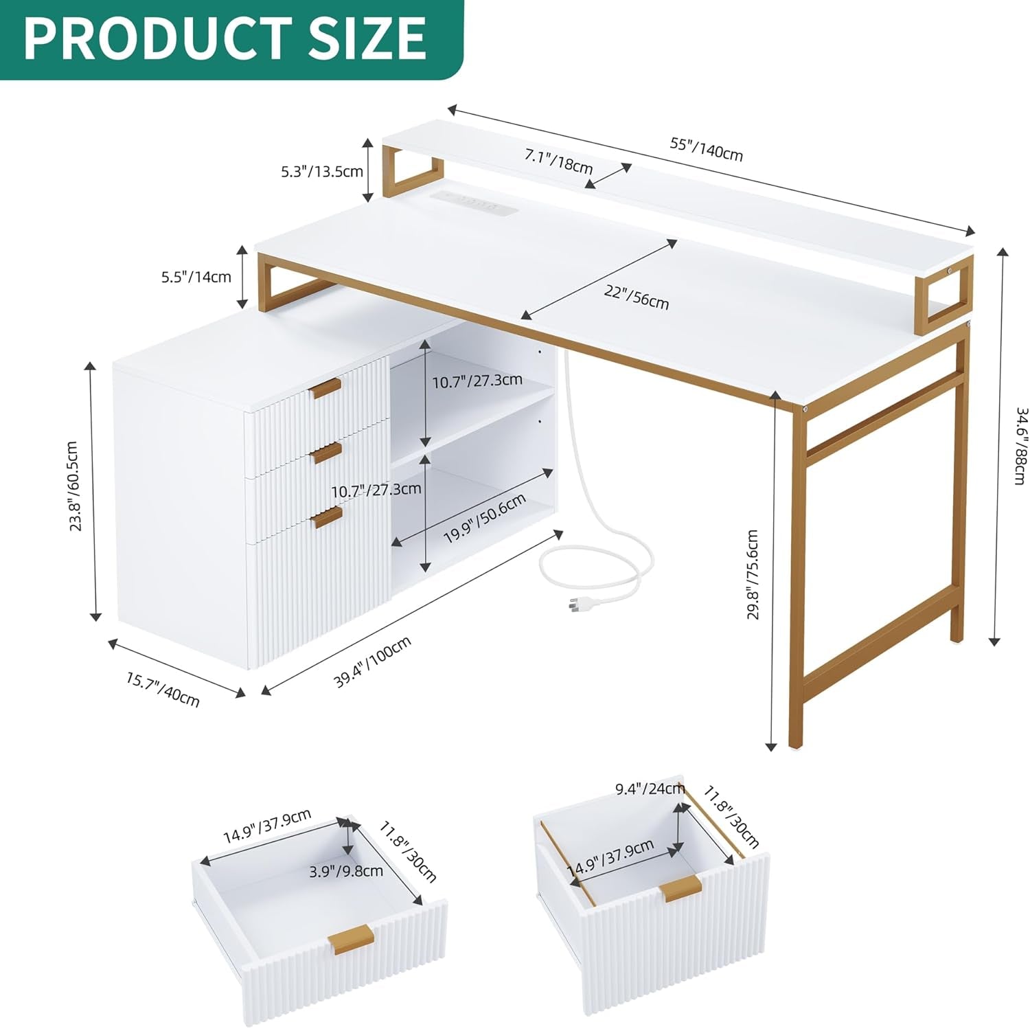 L Shaped Desk With LED Light And Power Outlets