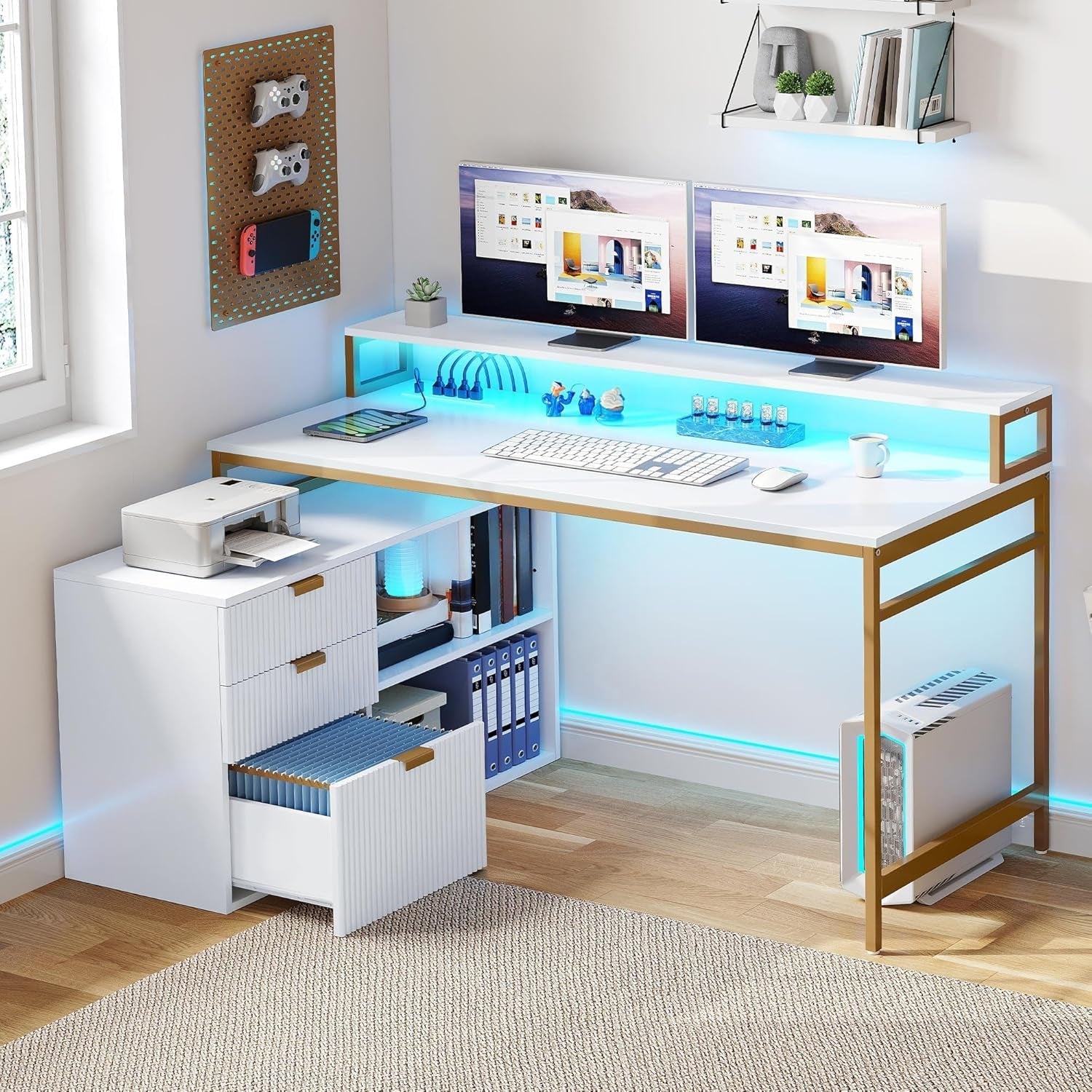 L Shaped Desk With LED Light And Power Outlets