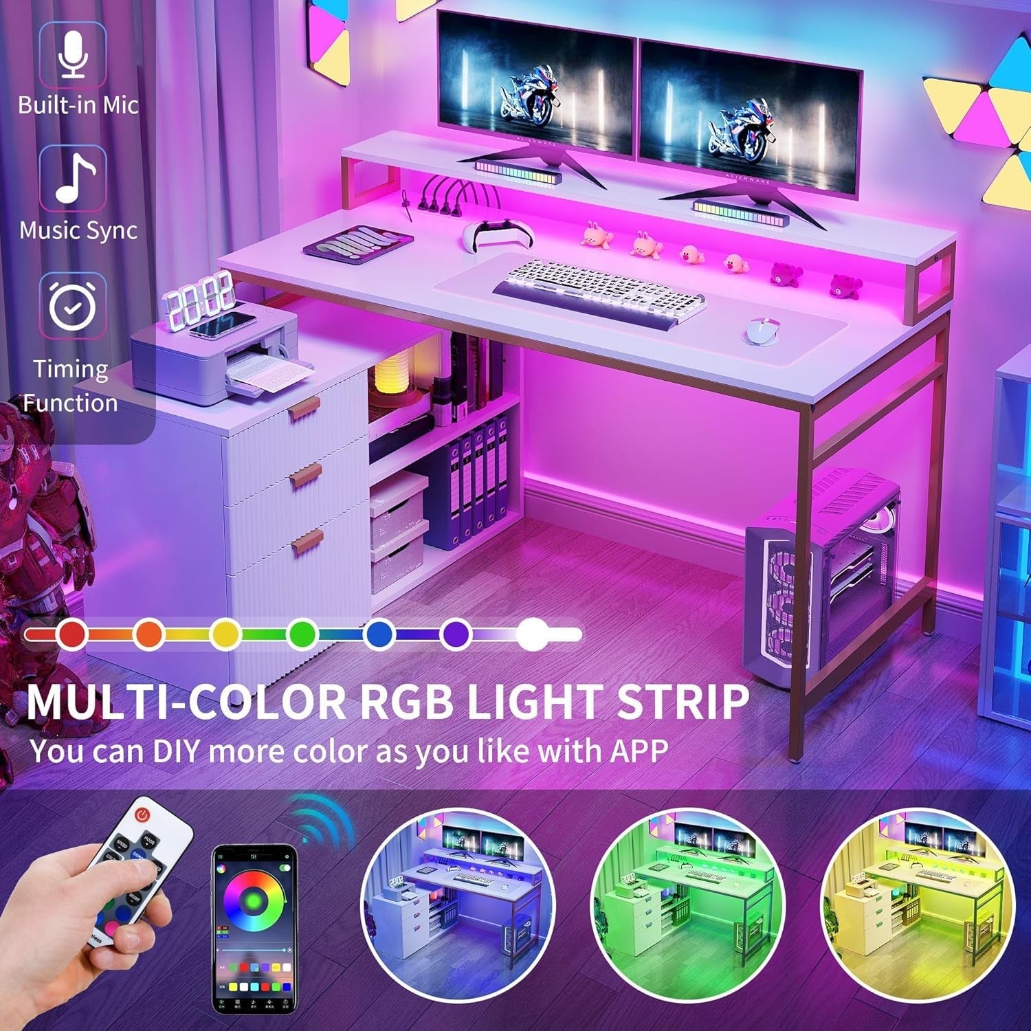 L Shaped Desk With LED Light And Power Outlets