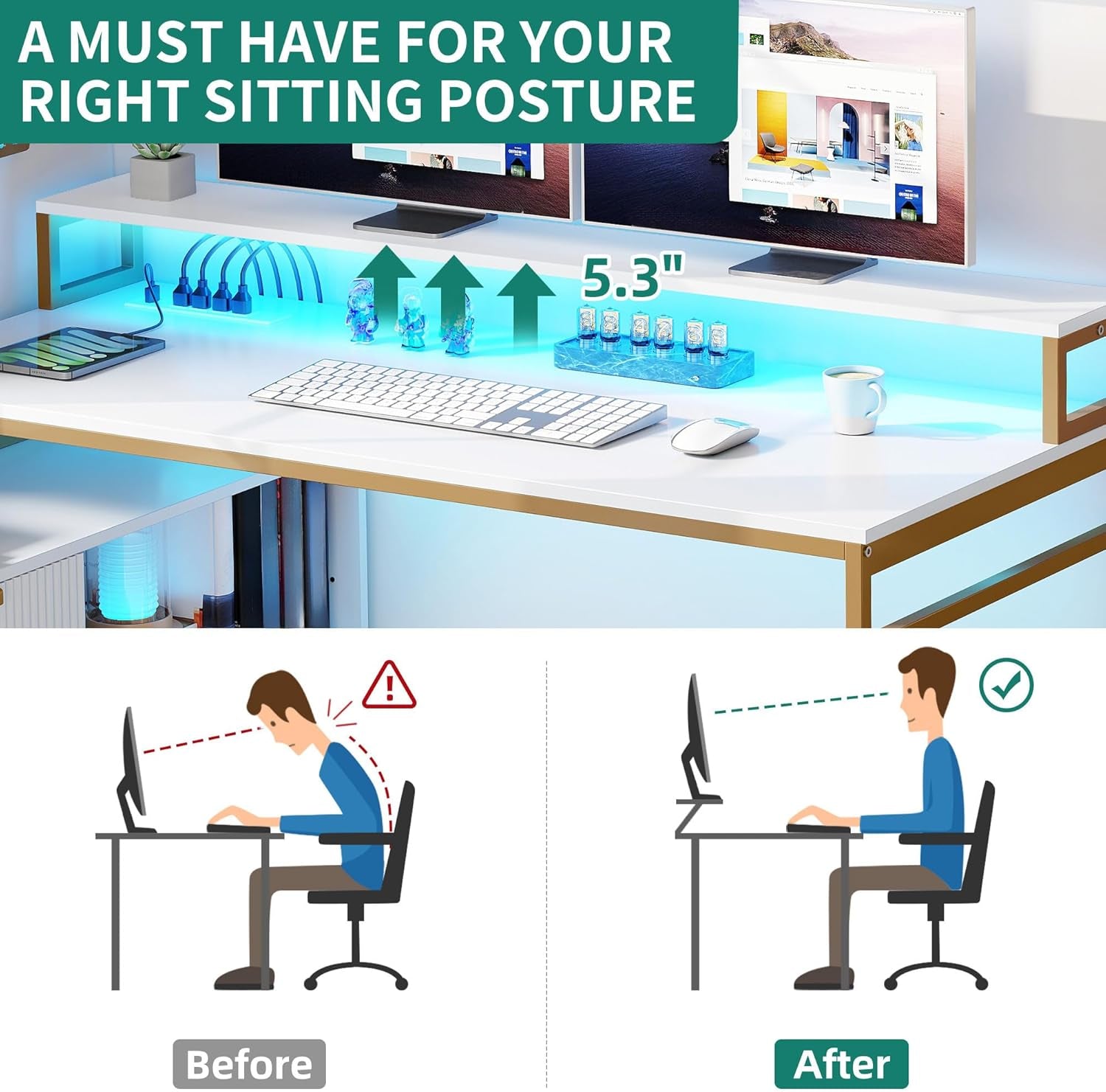 L Shaped Desk With LED Light And Power Outlets