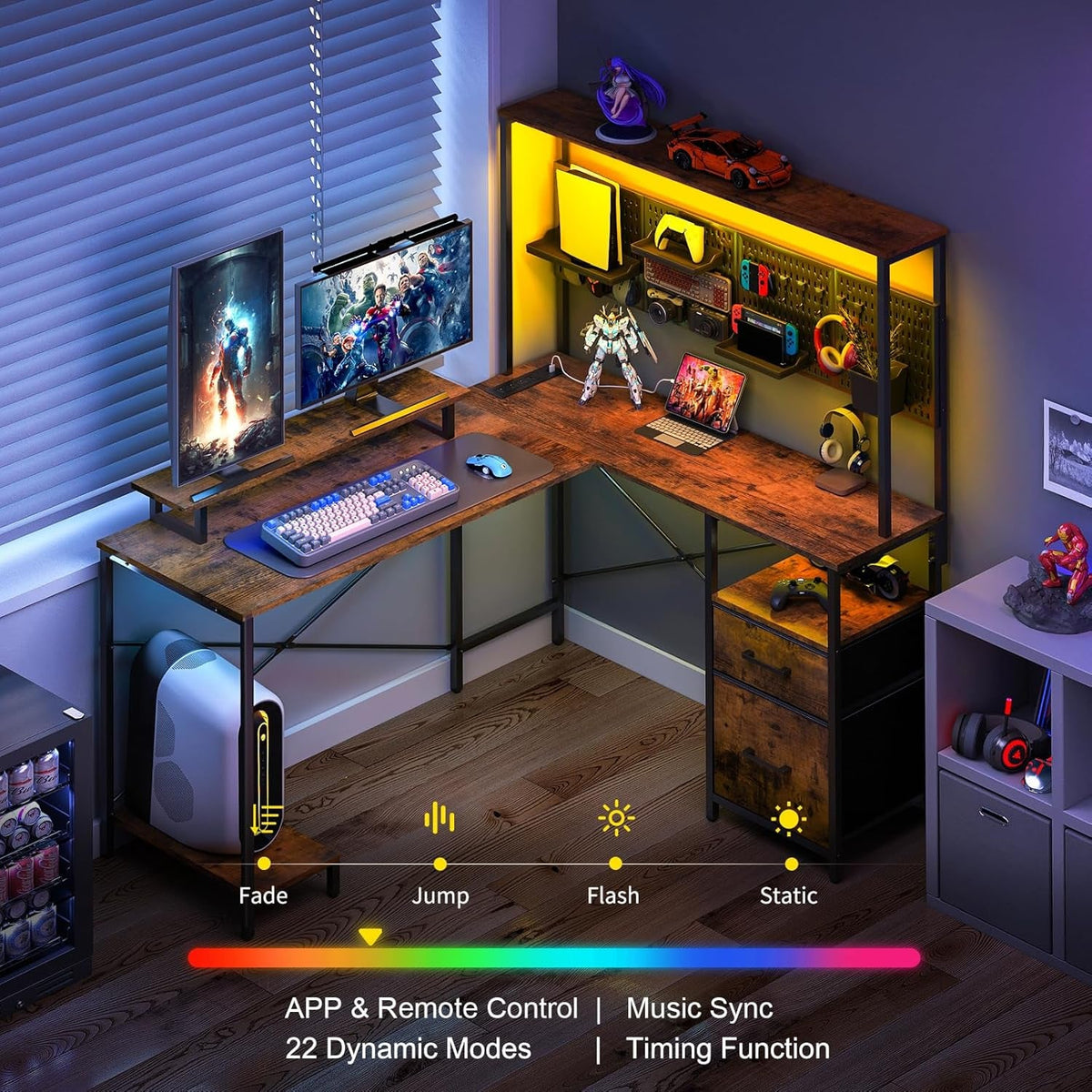 L Shaped Desk With LED Lights And Storage Shelves Home