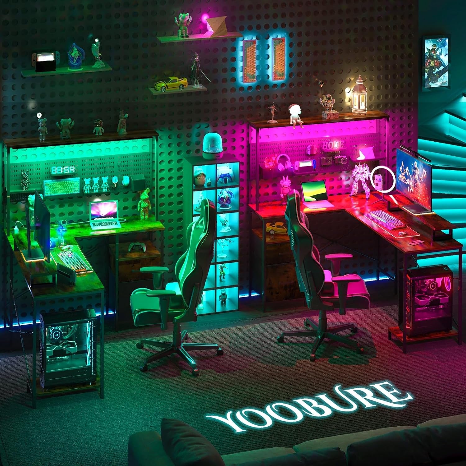 L Shaped Desk With LED Lights And Storage Shelves Home