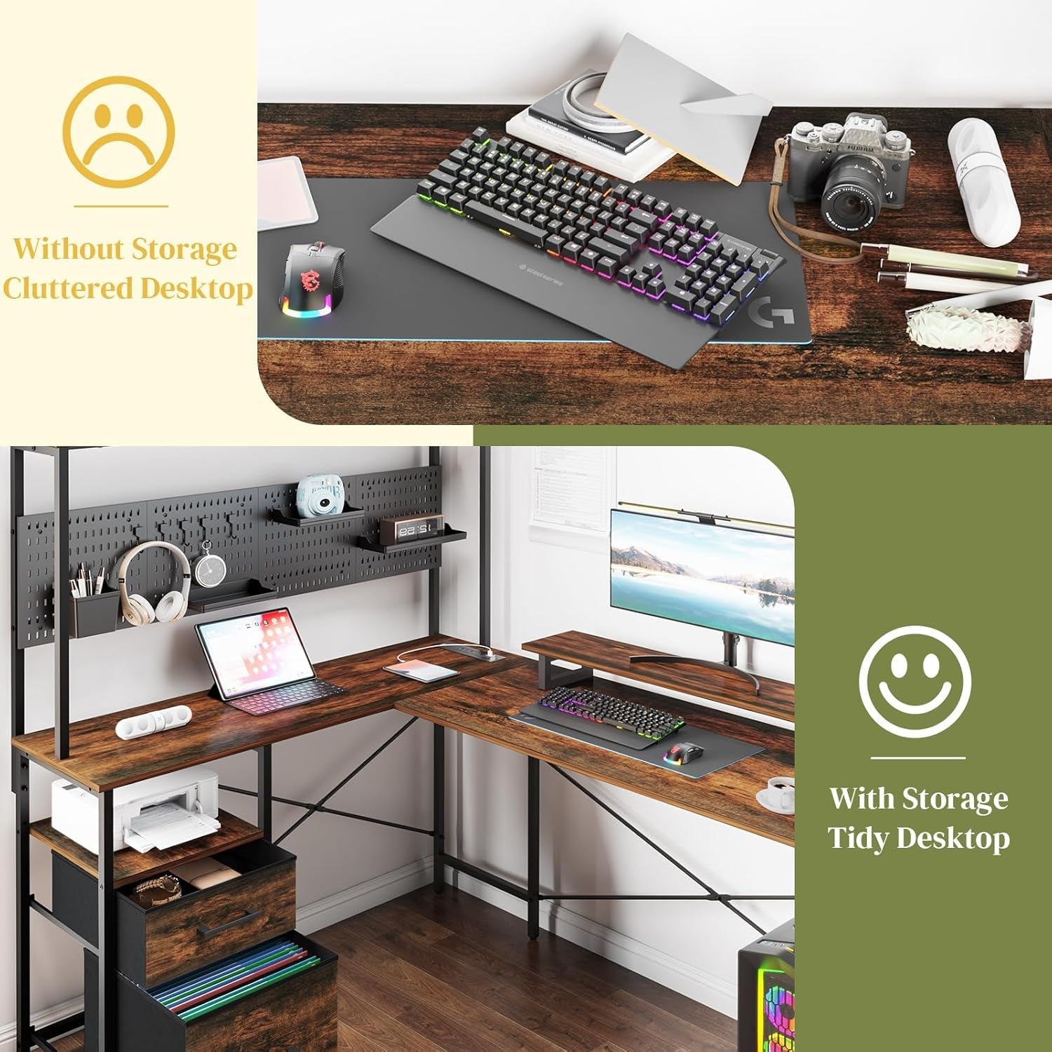 L Shaped Desk With LED Lights And Storage Shelves Home