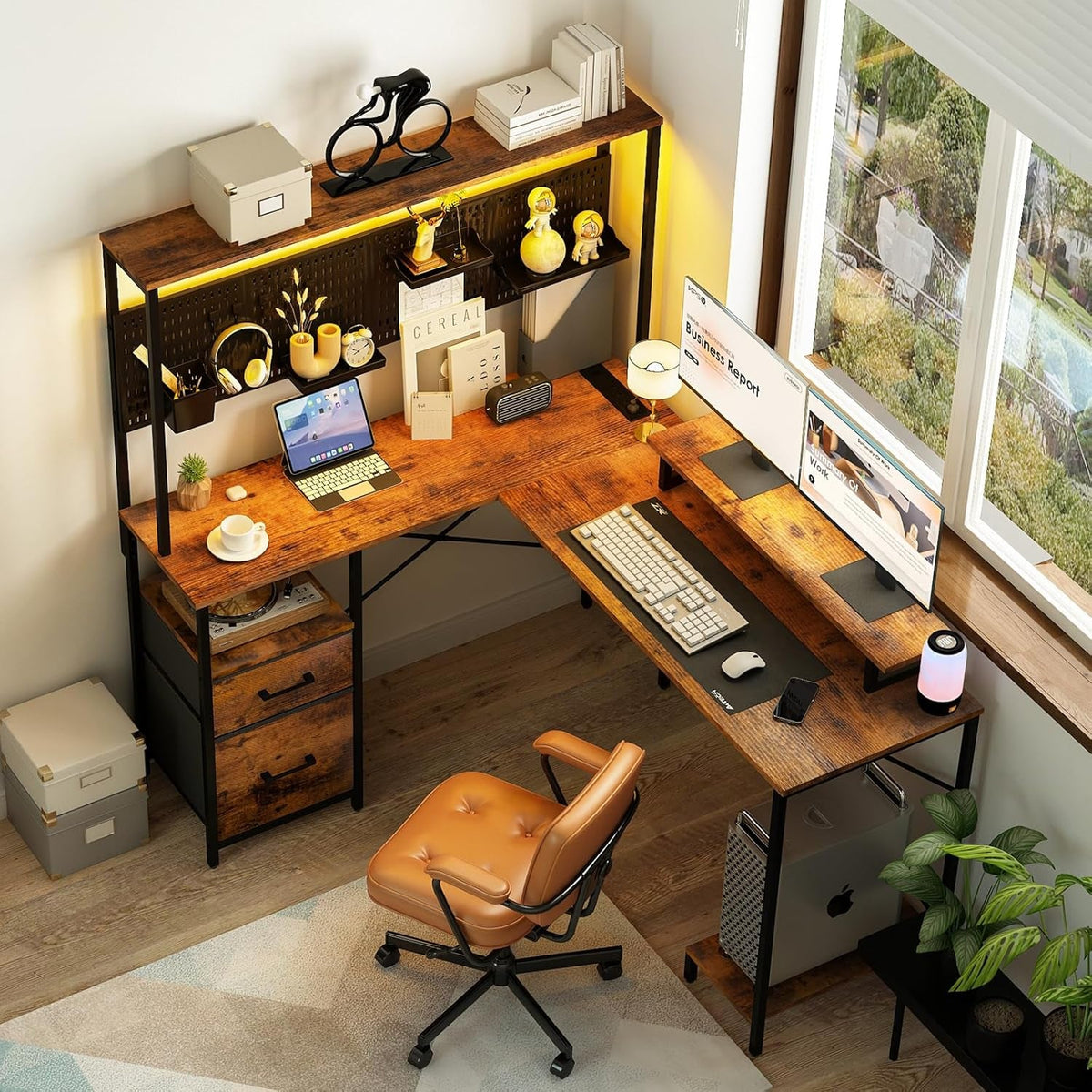 L Shaped Desk With LED Lights And Storage Shelves Home