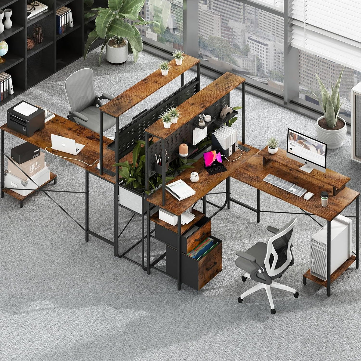 L Shaped Desk With LED Lights And Storage Shelves Home