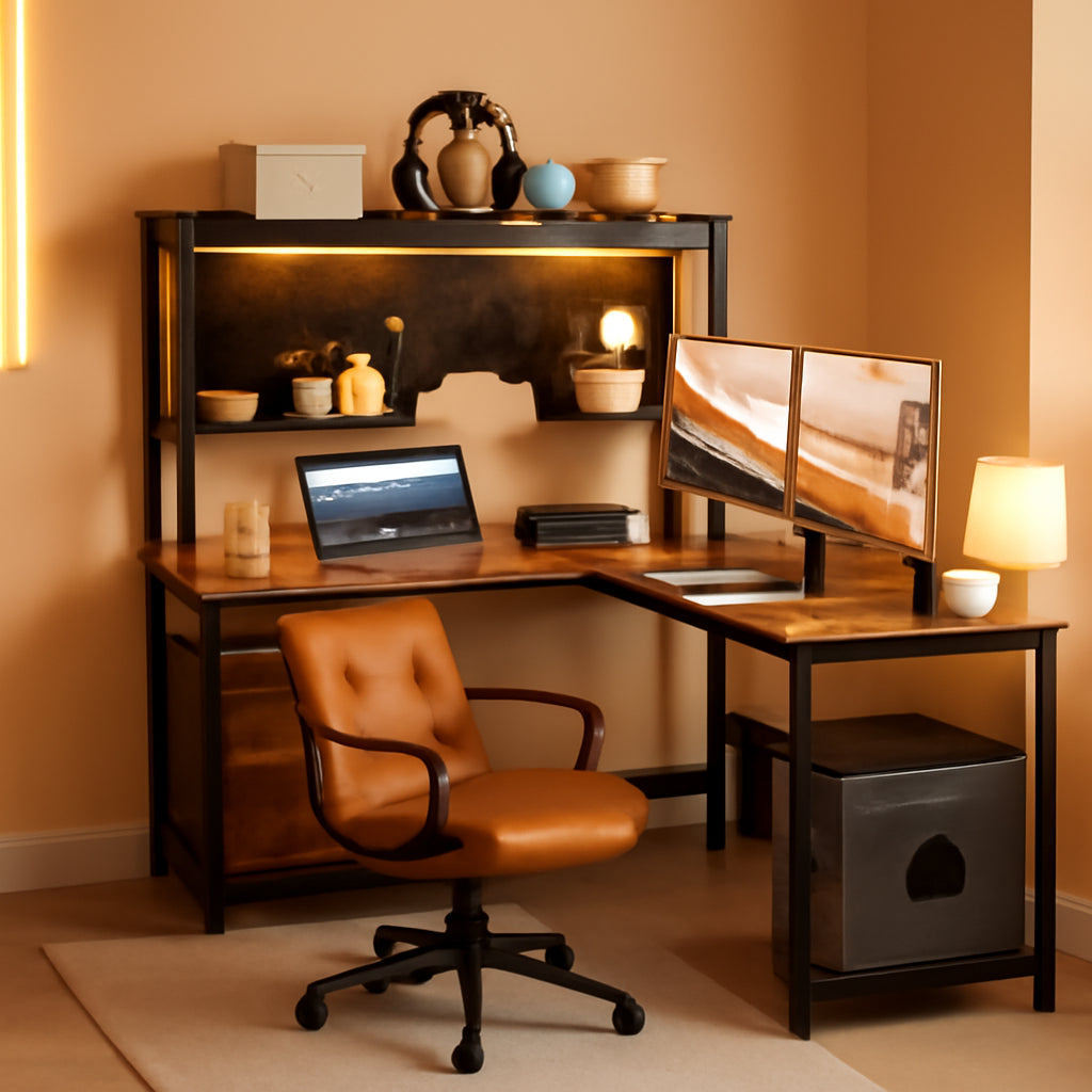 L Shaped Desk With LED Lights And Storage Shelves Home