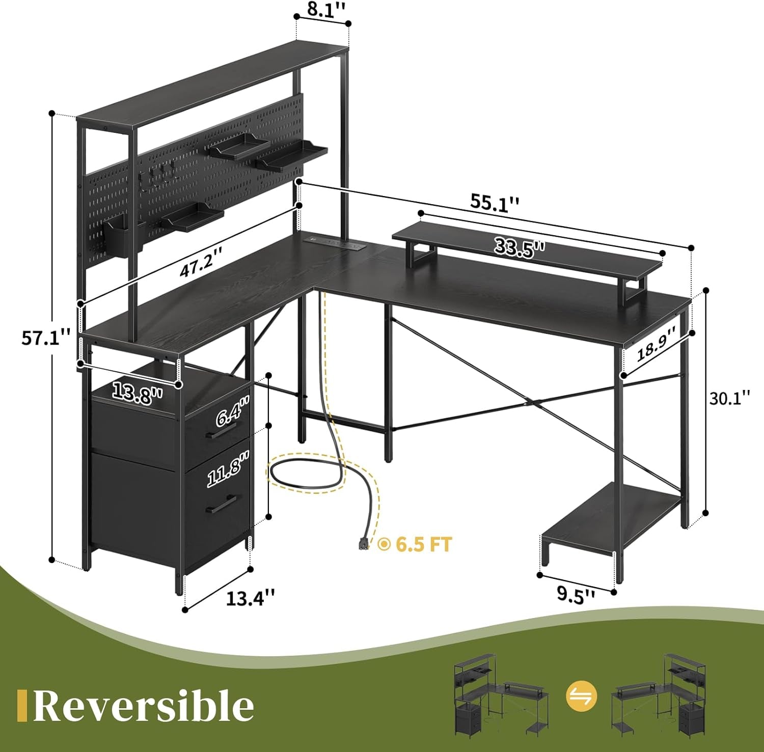 L Shaped Desk With Pegboard And Drawers For Home Office