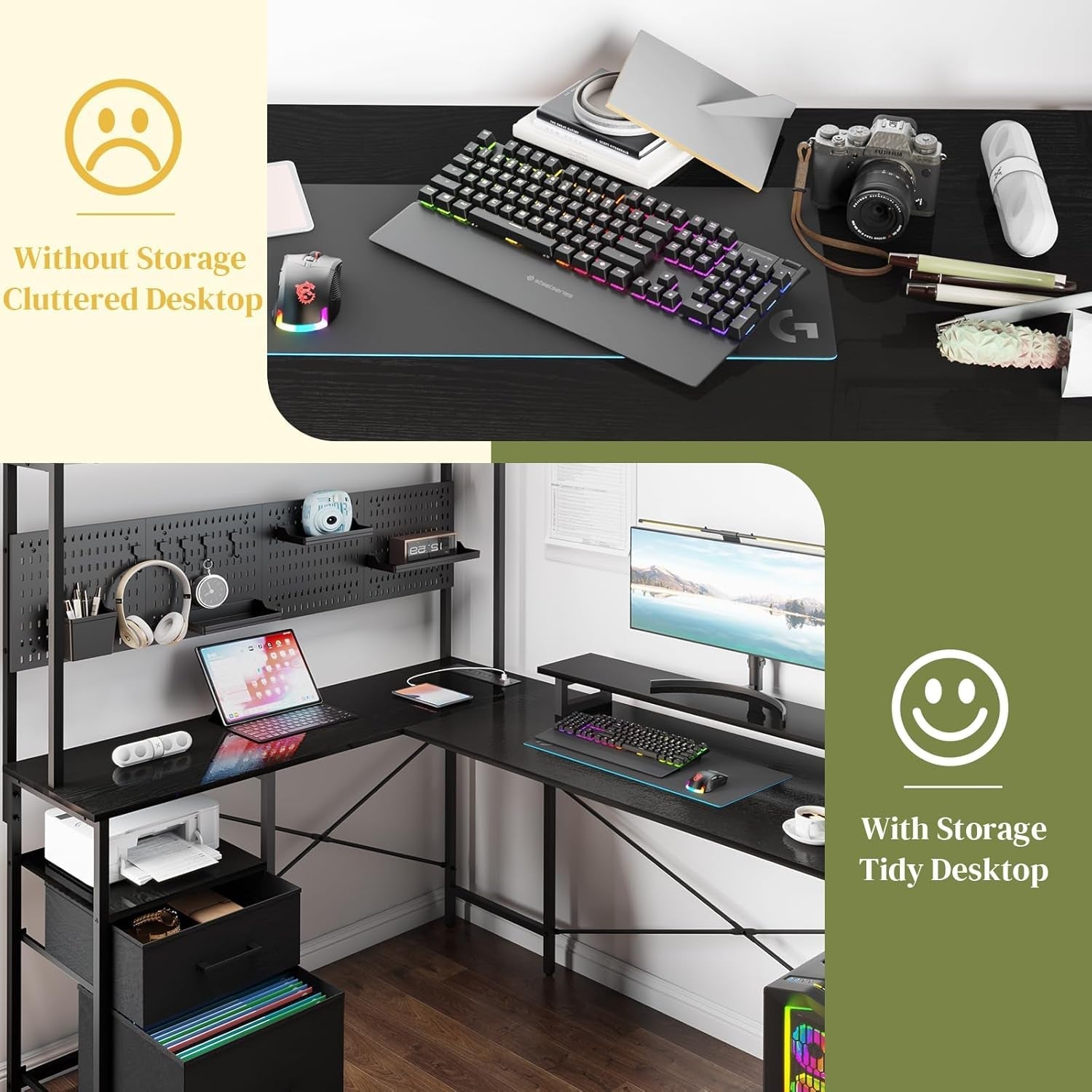 L Shaped Desk With Pegboard And Drawers For Home Office