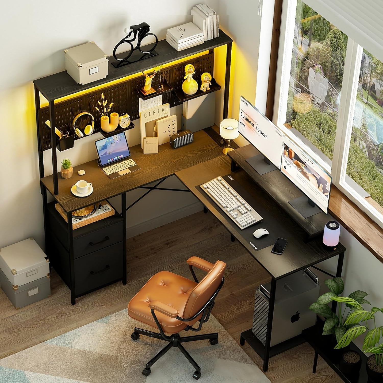 L Shaped Desk With Pegboard And Drawers For Home Office