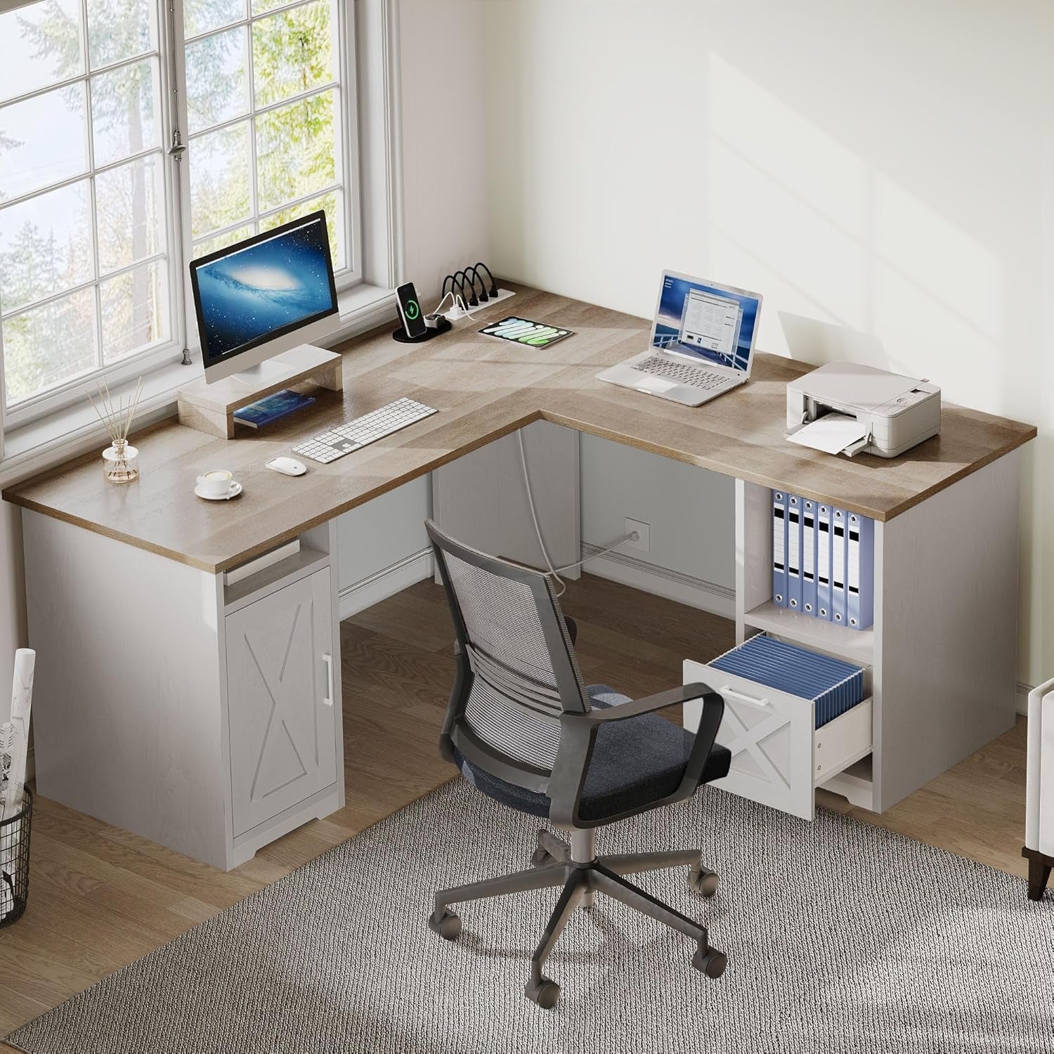 L Shaped Desk With Power Outlets 60 Inch Grey Wash
