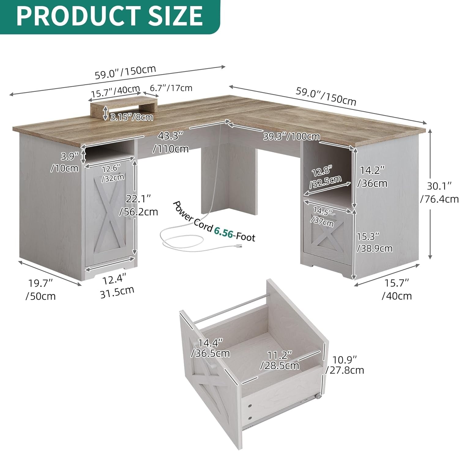 L Shaped Desk With Power Outlets 60 Inch Grey Wash