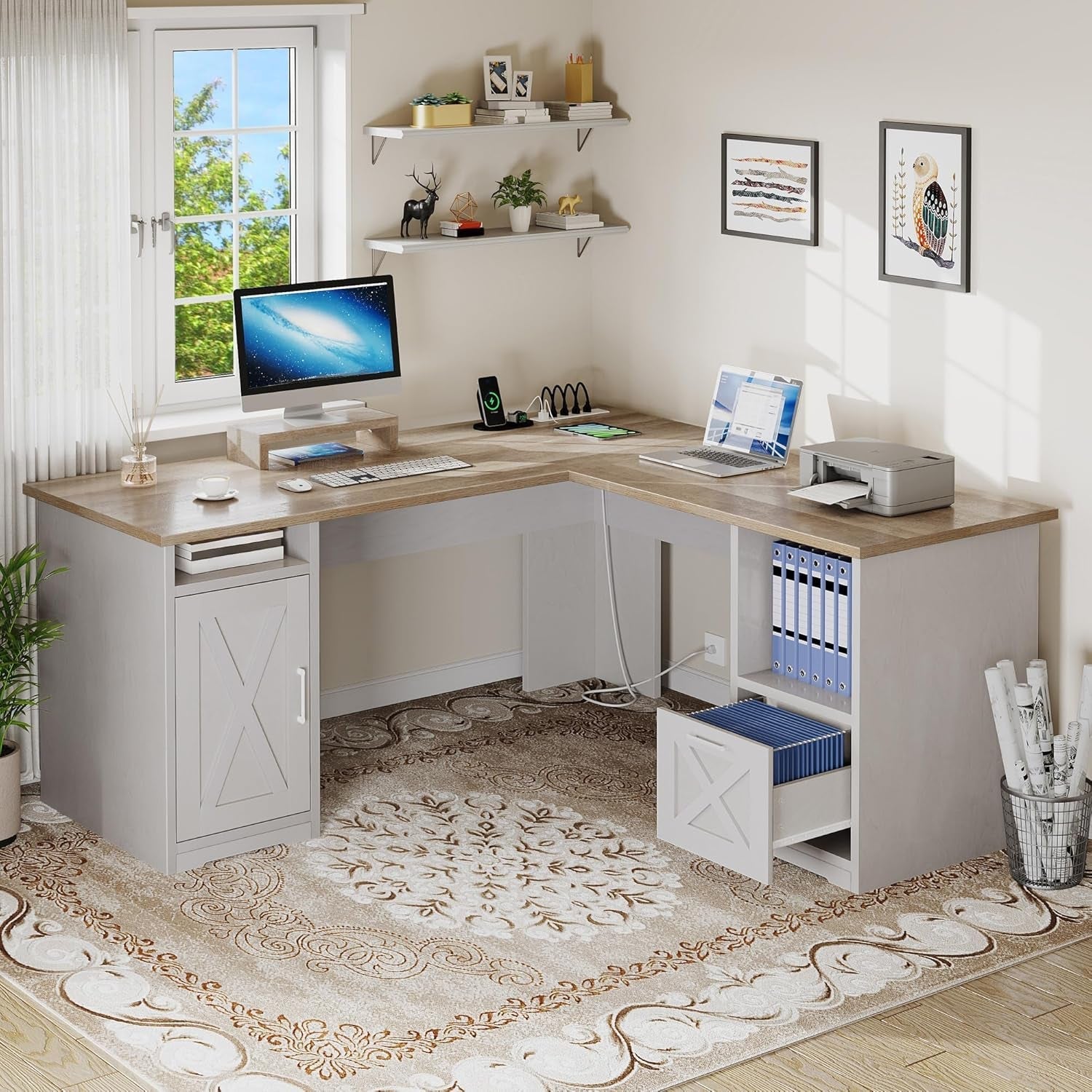 L Shaped Desk With Power Outlets 60 Inch Grey Wash