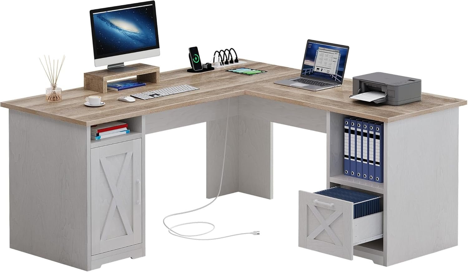 L Shaped Desk With Power Outlets 60 Inch Grey Wash