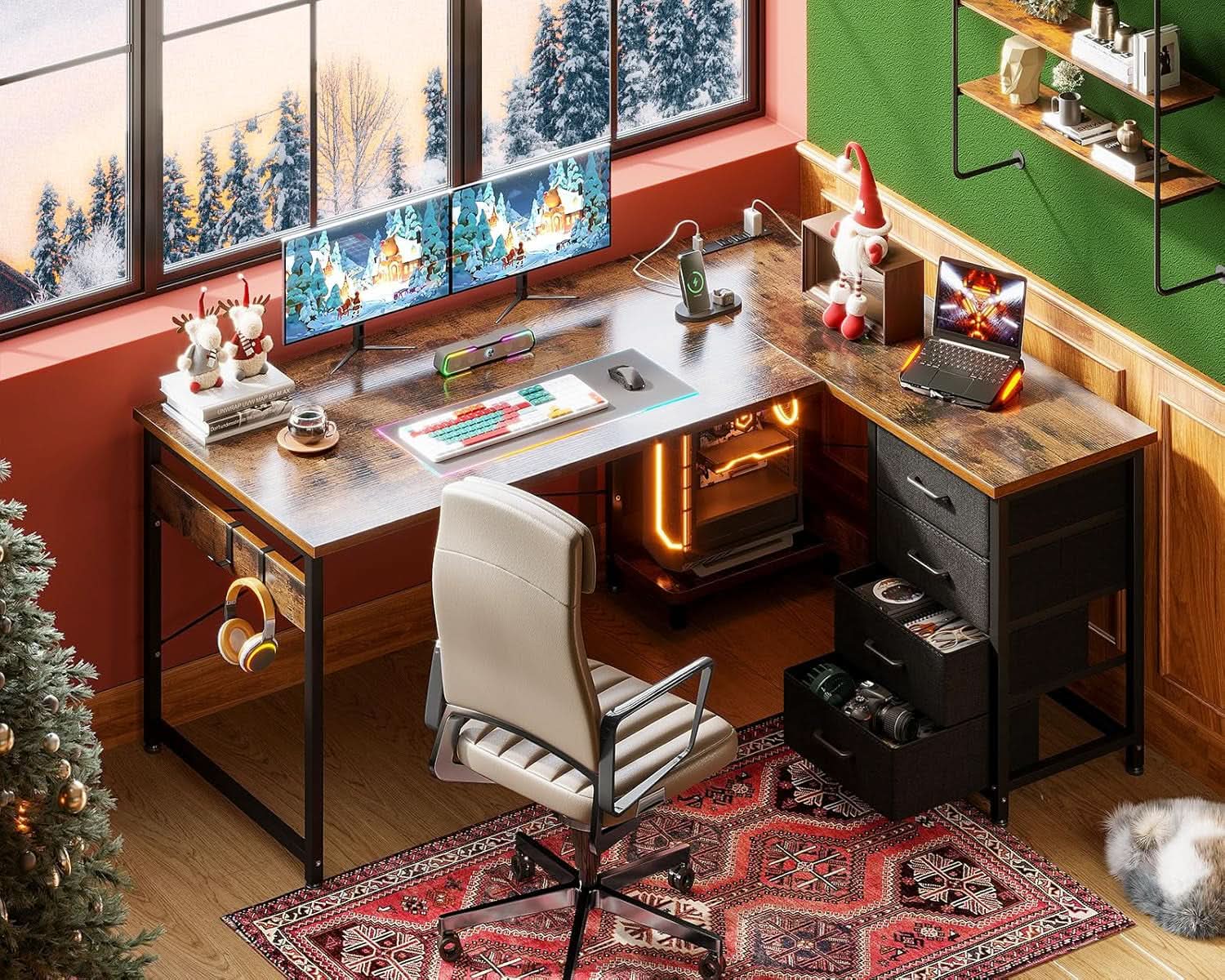 L Shaped Desk With USB Ports And 4 Drawers 53 Inch