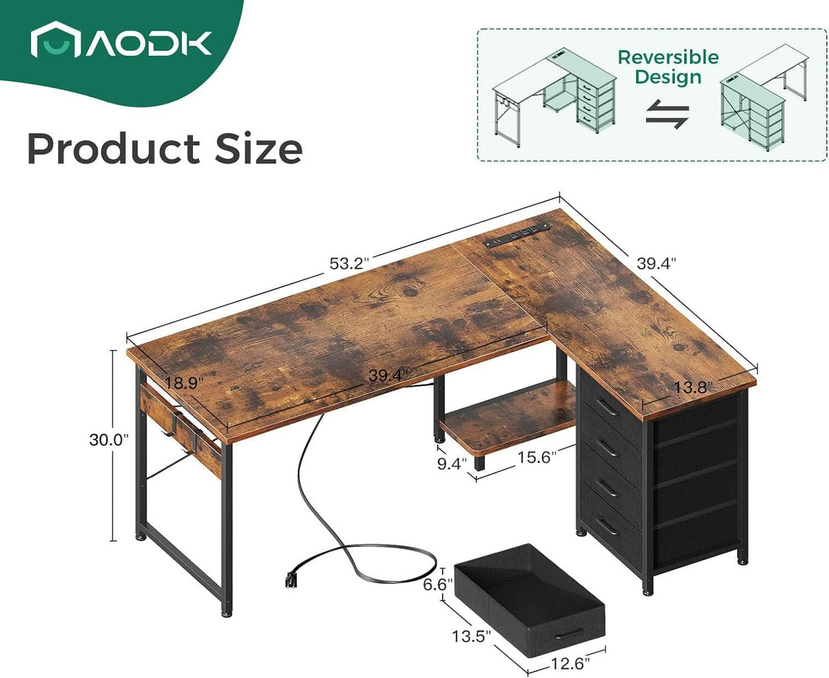 L Shaped Desk With USB Ports And 4 Drawers 53 Inch